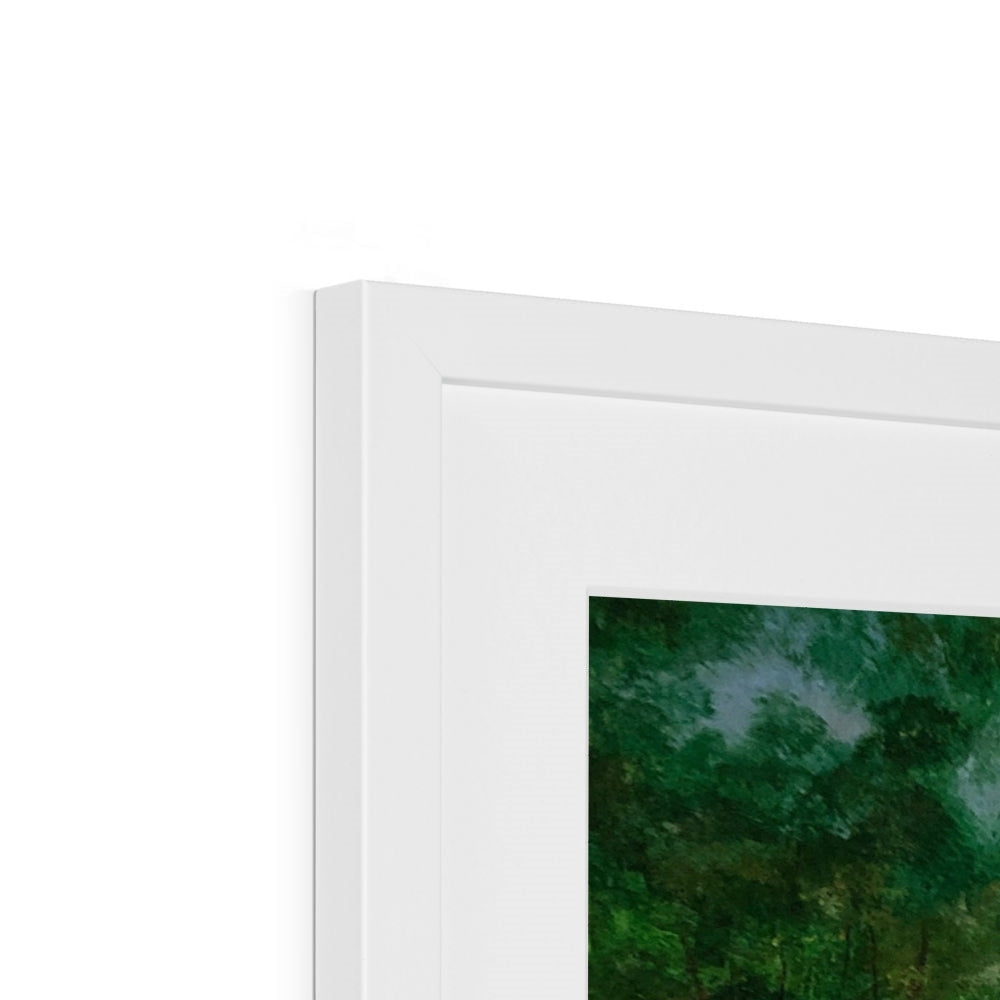 Loch Rannoch landscape framed print with green foliage and blue sky display