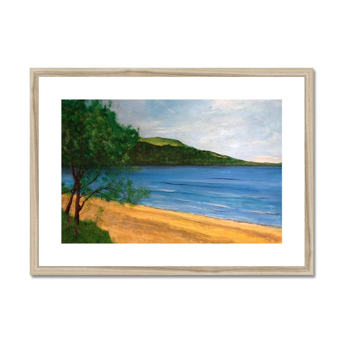 Beach scene painting with sandy shore blue water and green hillside in Loch Rannoch print