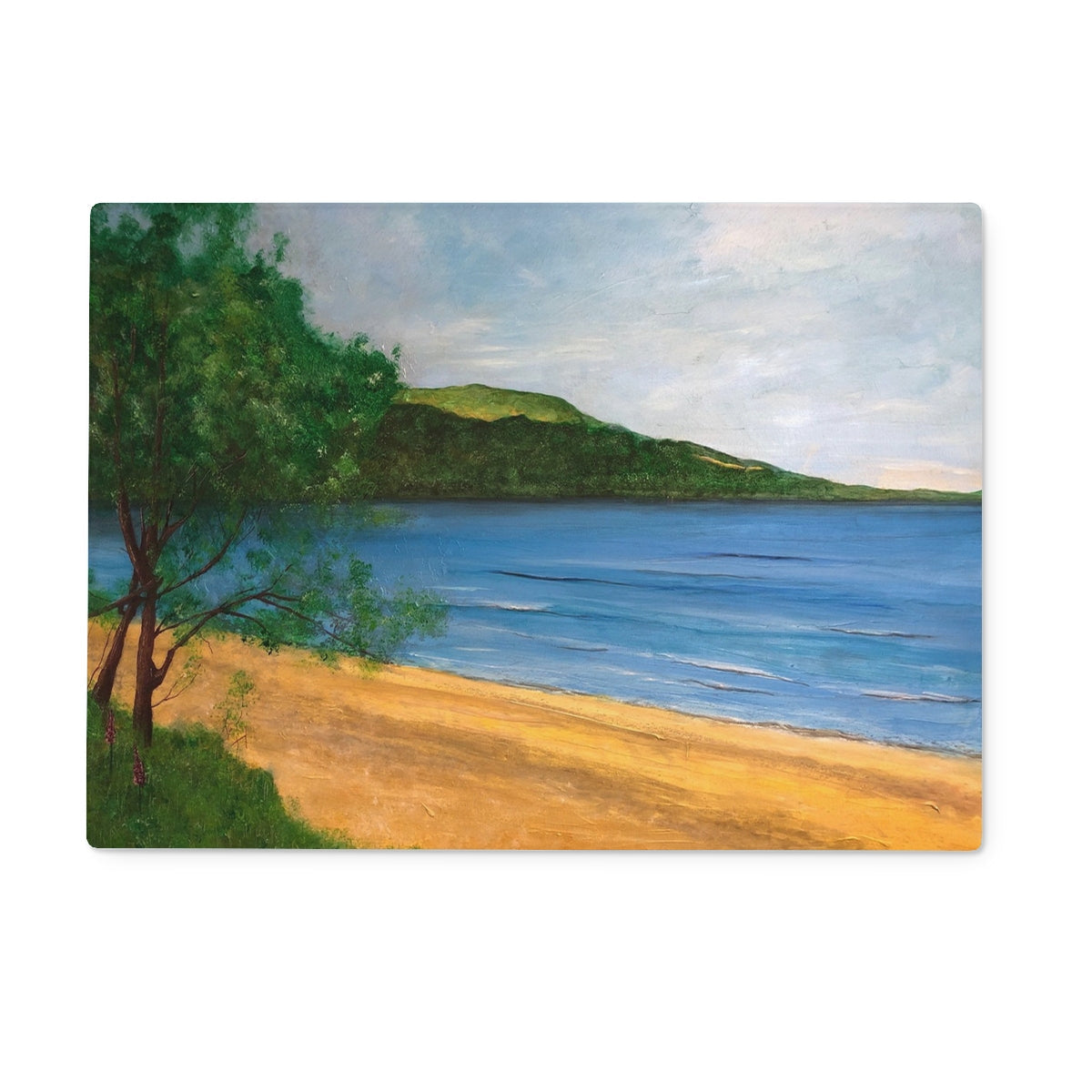 Beach scene placemat with sandy shore and blue water on Loch Rannoch Glass Chopping Board