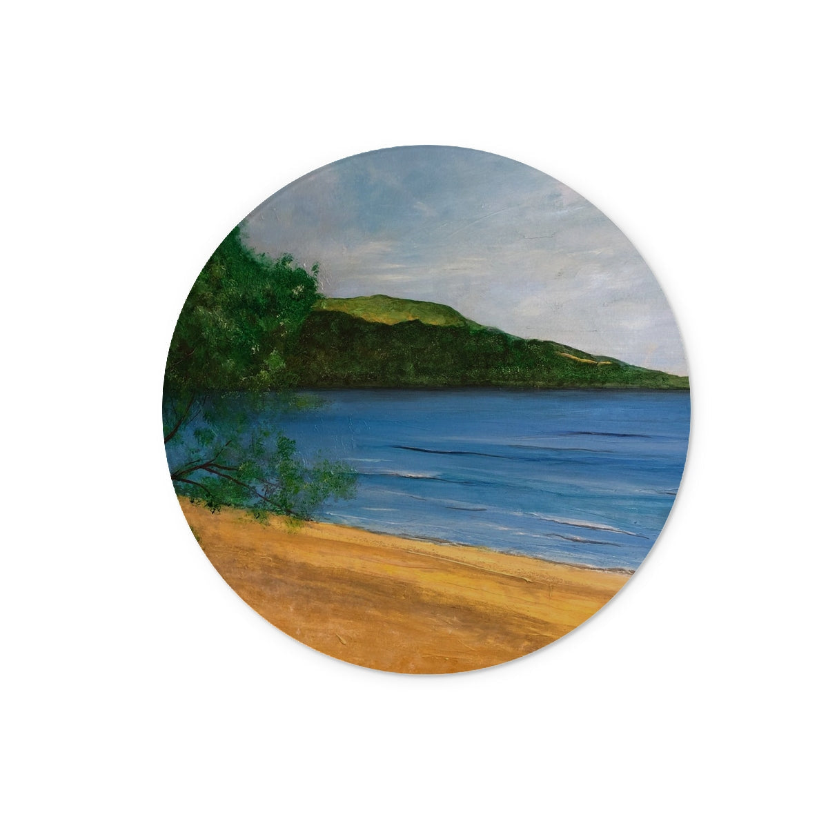Loch Rannoch Glass Chopping Board with beach scene coaster featuring sandy shore and blue water design