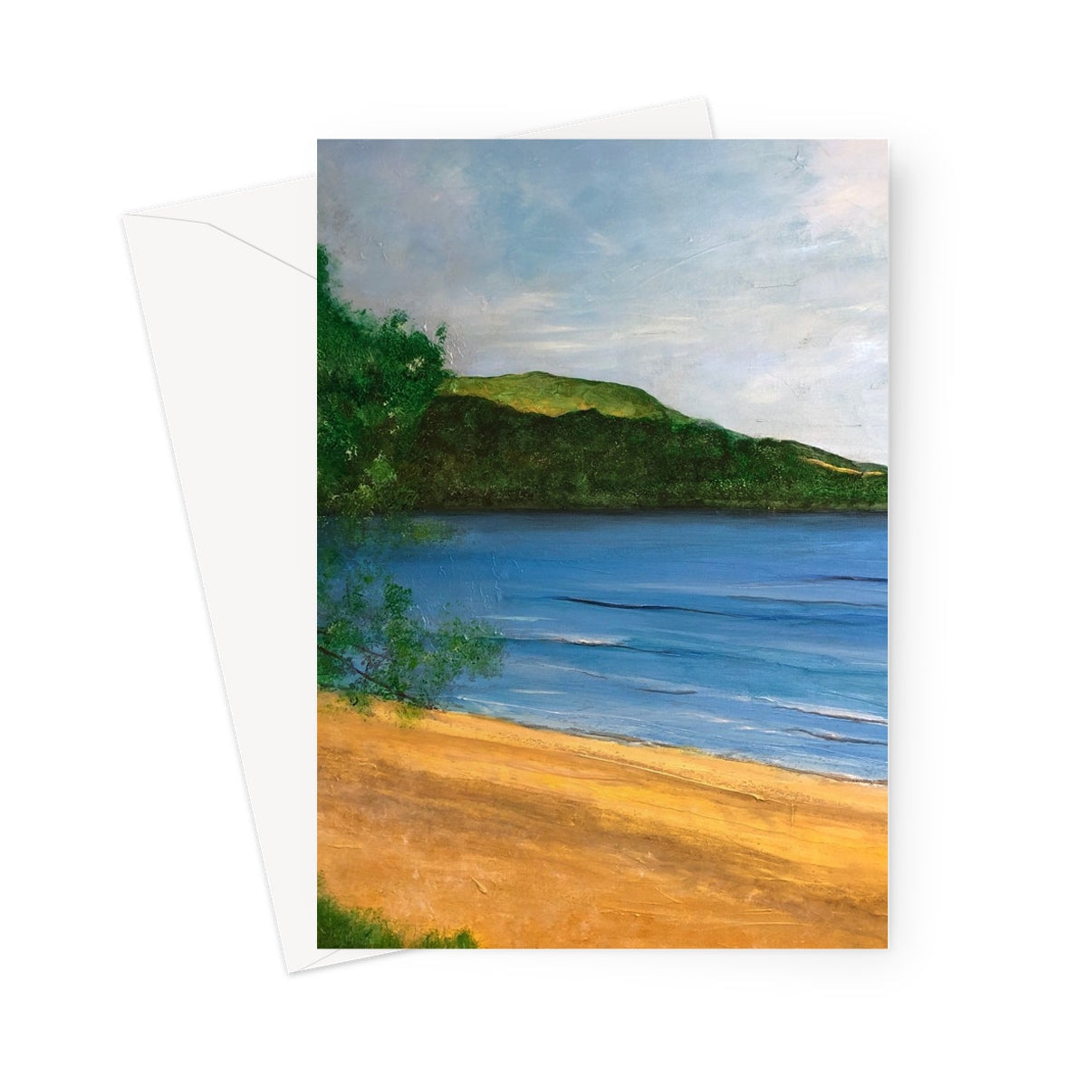 Loch Rannoch Greeting Card featuring a beach scene with sandy shore, blue water, and green hill