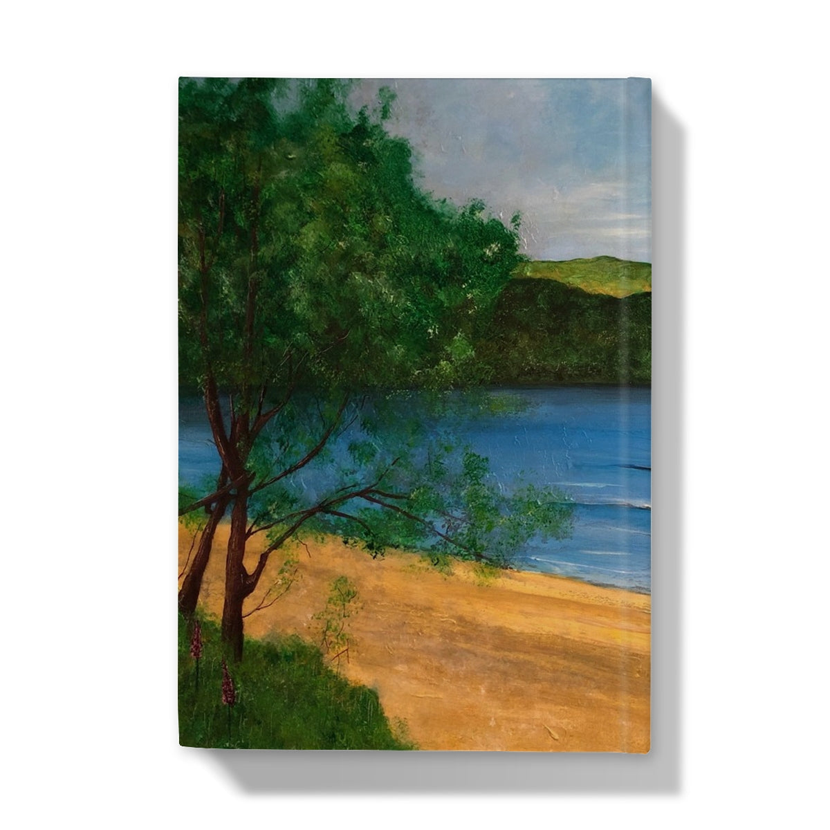 Beach scene canvas print with tree and sand, blue water for Loch Rannoch Hardback Journal