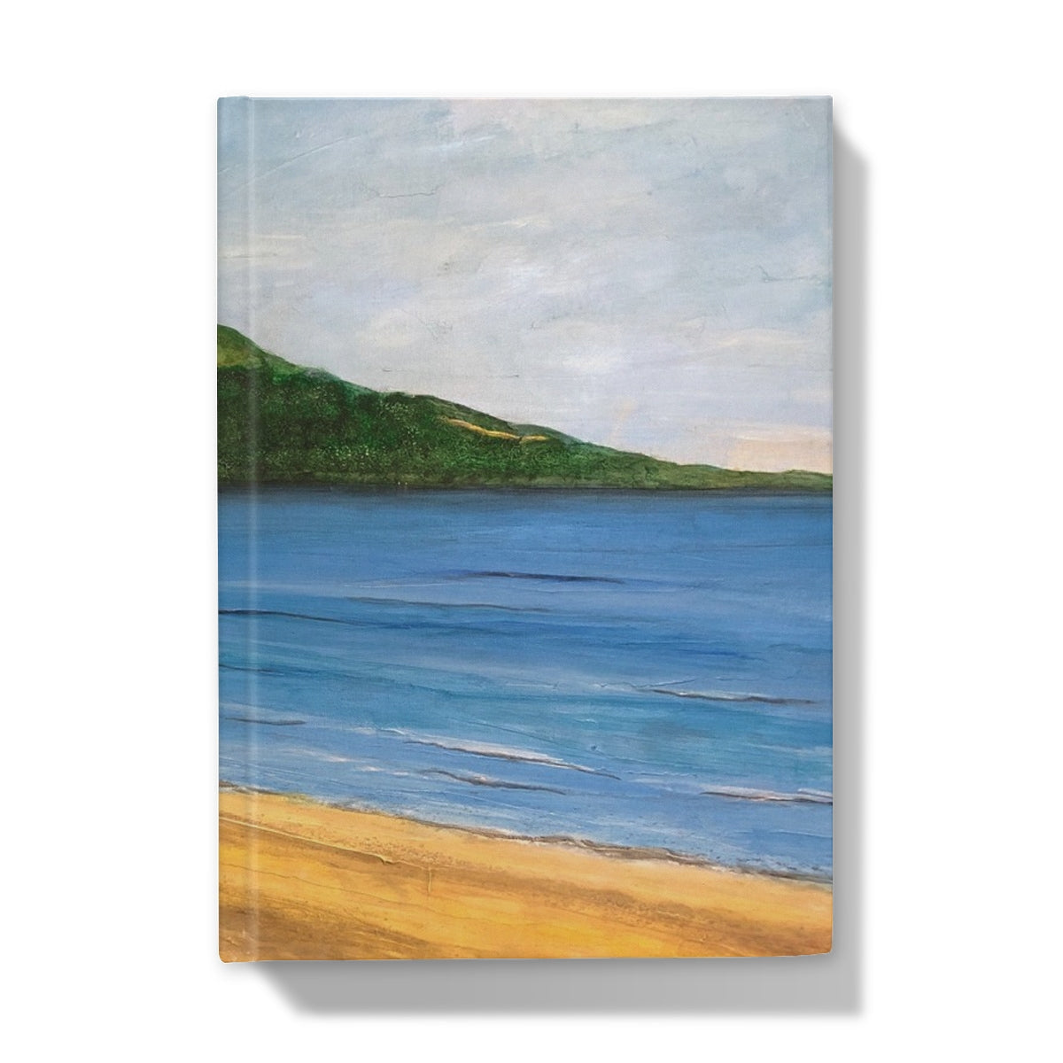Beach scene canvas art print with blue water, sandy shore, and green hill for Loch Rannoch Journal