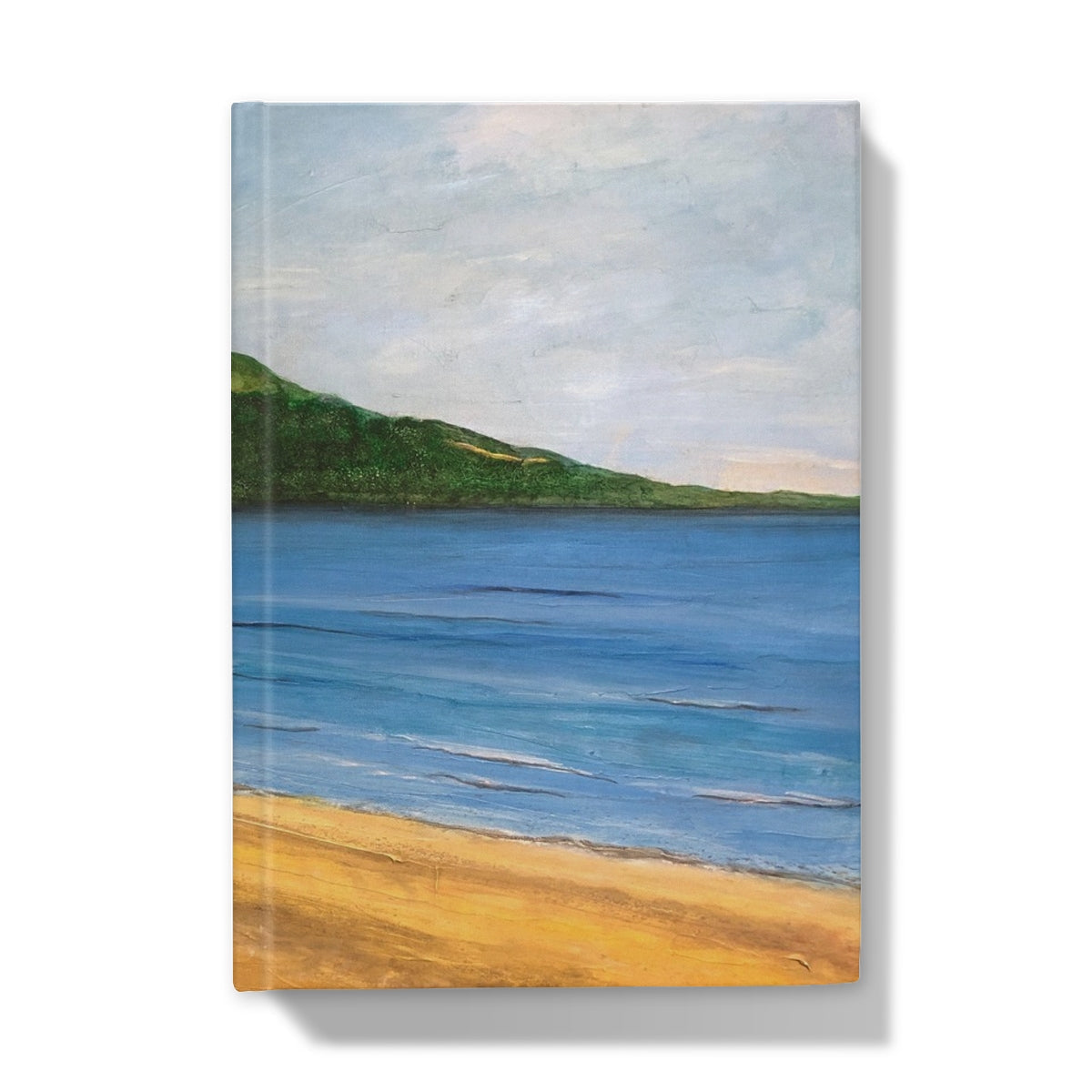 Beach scene canvas print with golden sand and blue ocean waves for Loch Rannoch Hardback Journal