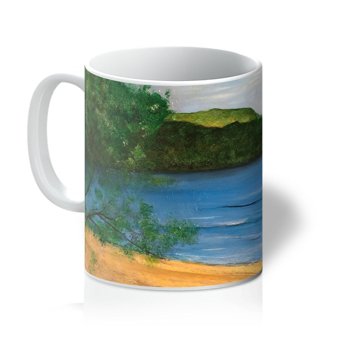 Ceramic Loch Rannoch Mug with painted landscape of blue water green hills and trees