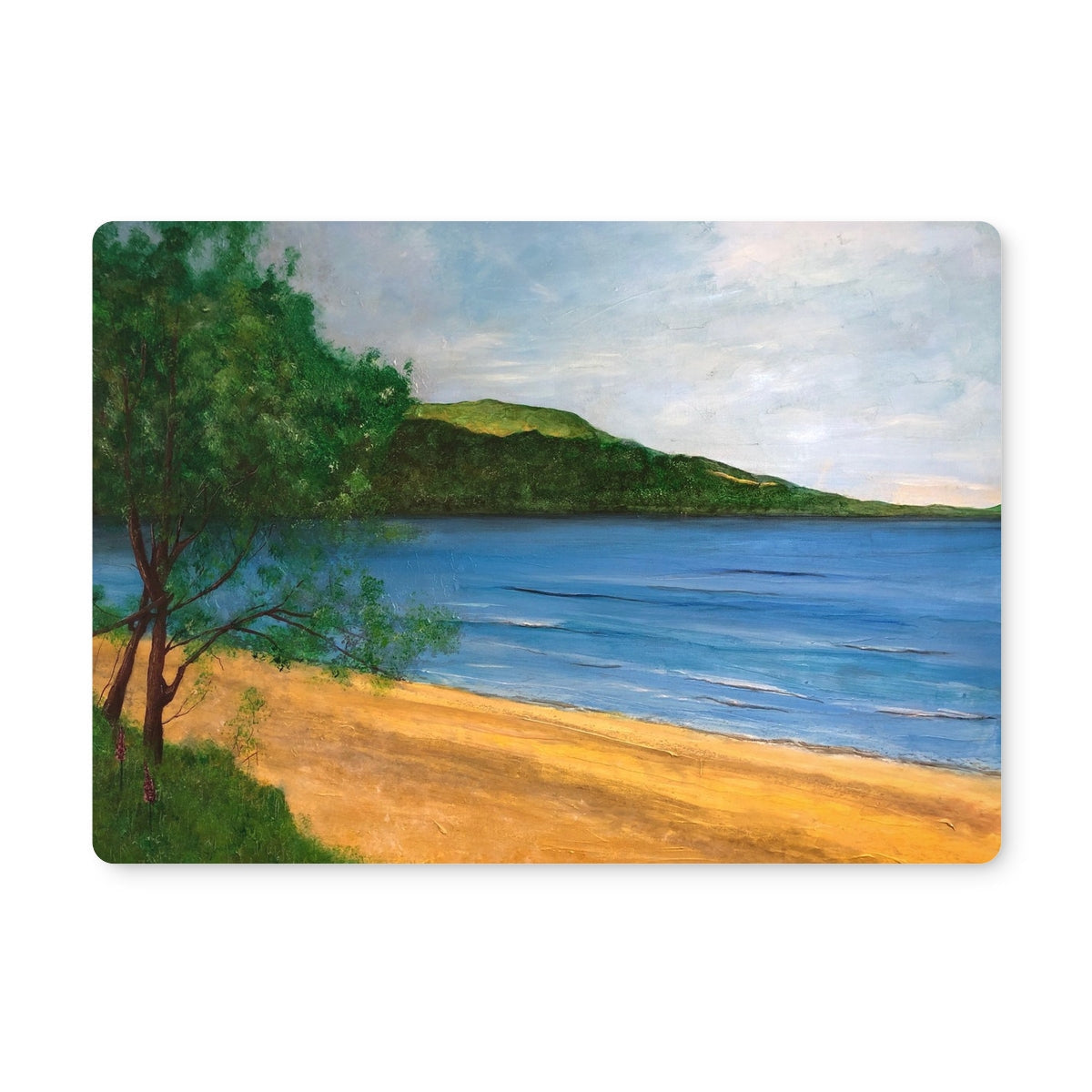 Loch Rannoch Placemat featuring a beach scene with sandy shore, green tree, and blue water