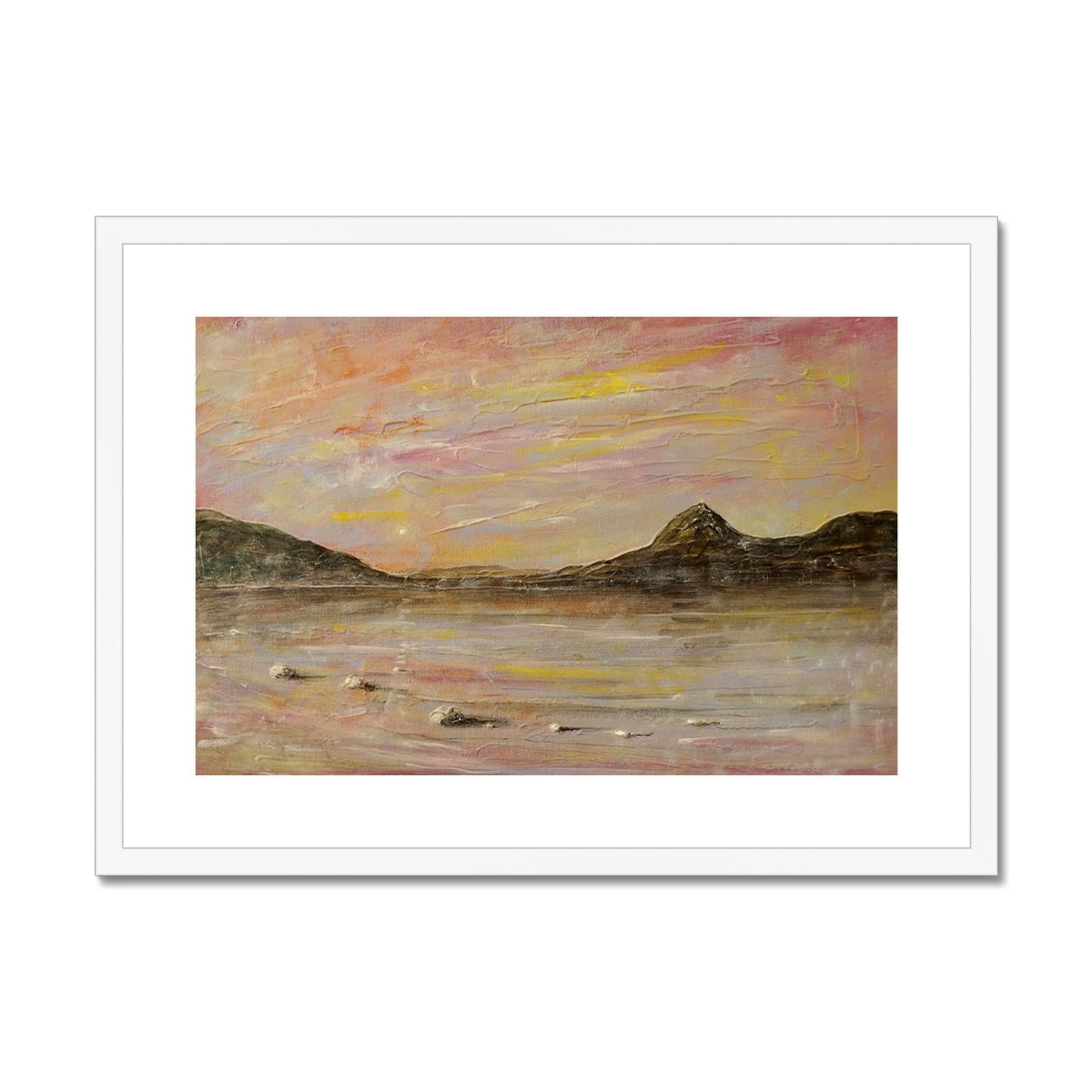 Framed Loch Rannoch & Schiehallion abstract landscape print in pink, yellow, earth tones