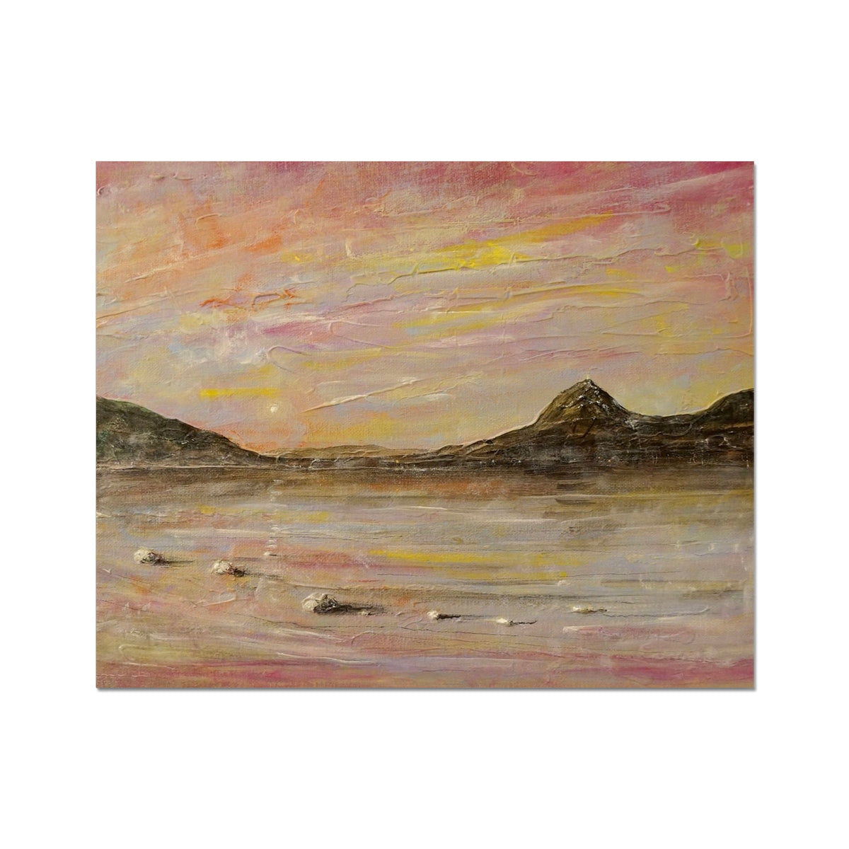 Serene sunset oil painting of Loch Rannoch and Schiehallion artist proof print