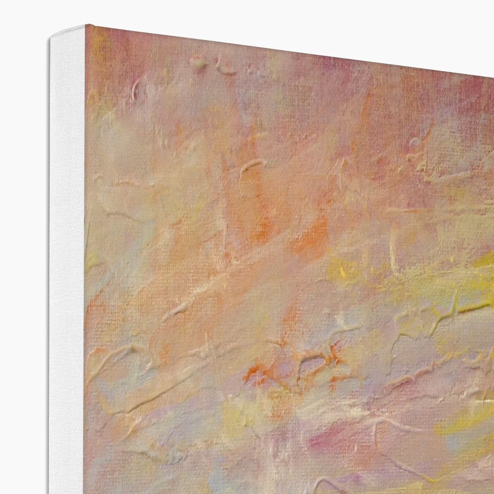 Loch Rannoch & Schiehallion textured canvas print in pastel peach, pink, yellow
