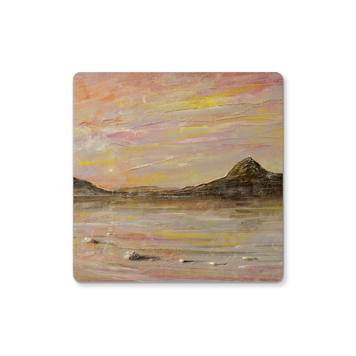 Square Loch Rannoch & Schiehallion coaster with pink-yellow sky landscape
