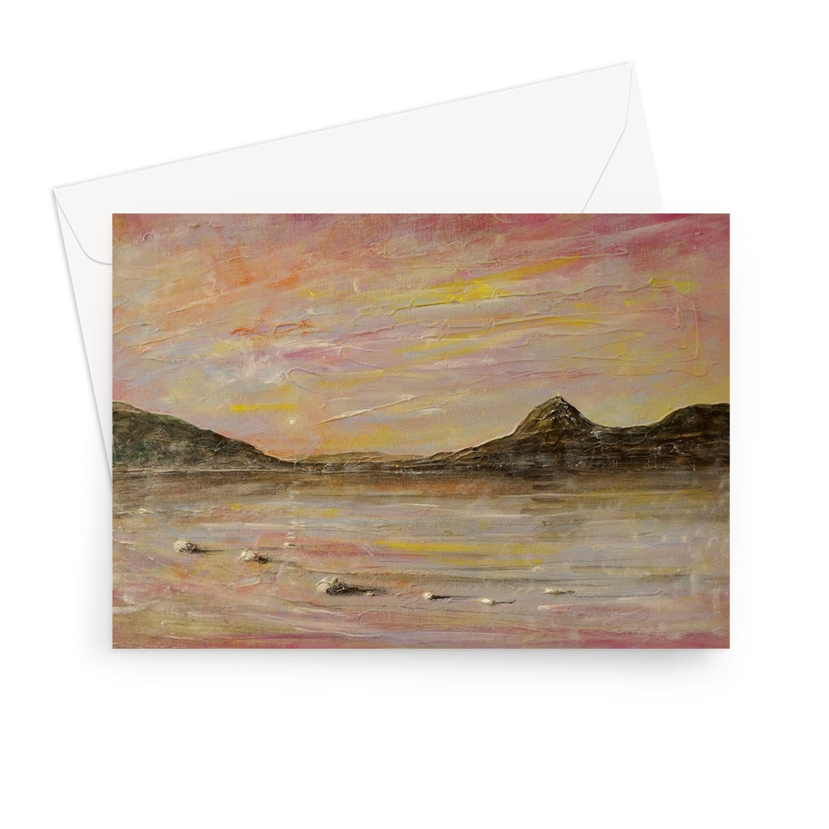 Loch Rannoch and Schiehallion greeting card with pink sky landscape