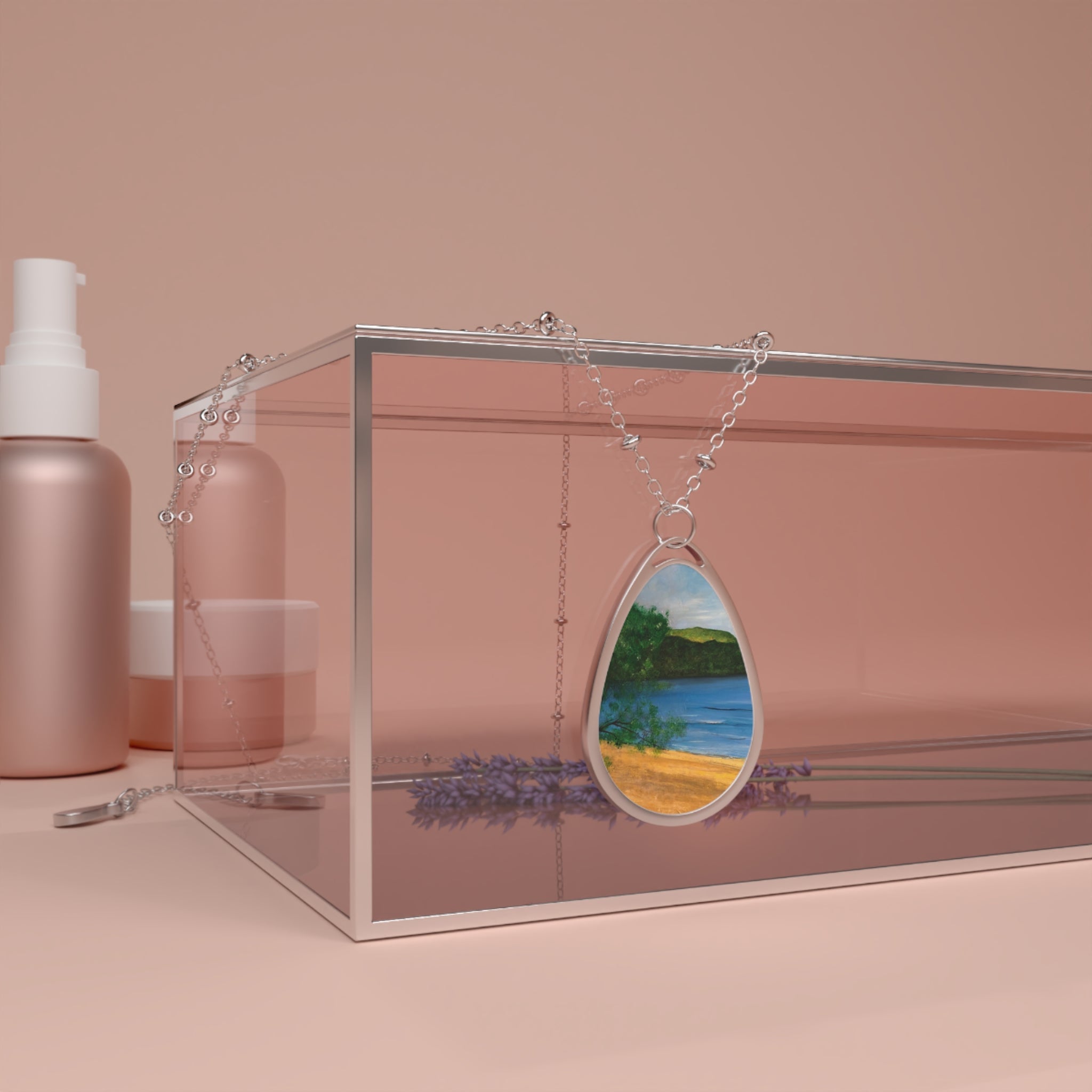 Silver teardrop pendant necklace with hand-painted Loch Rannoch landscape