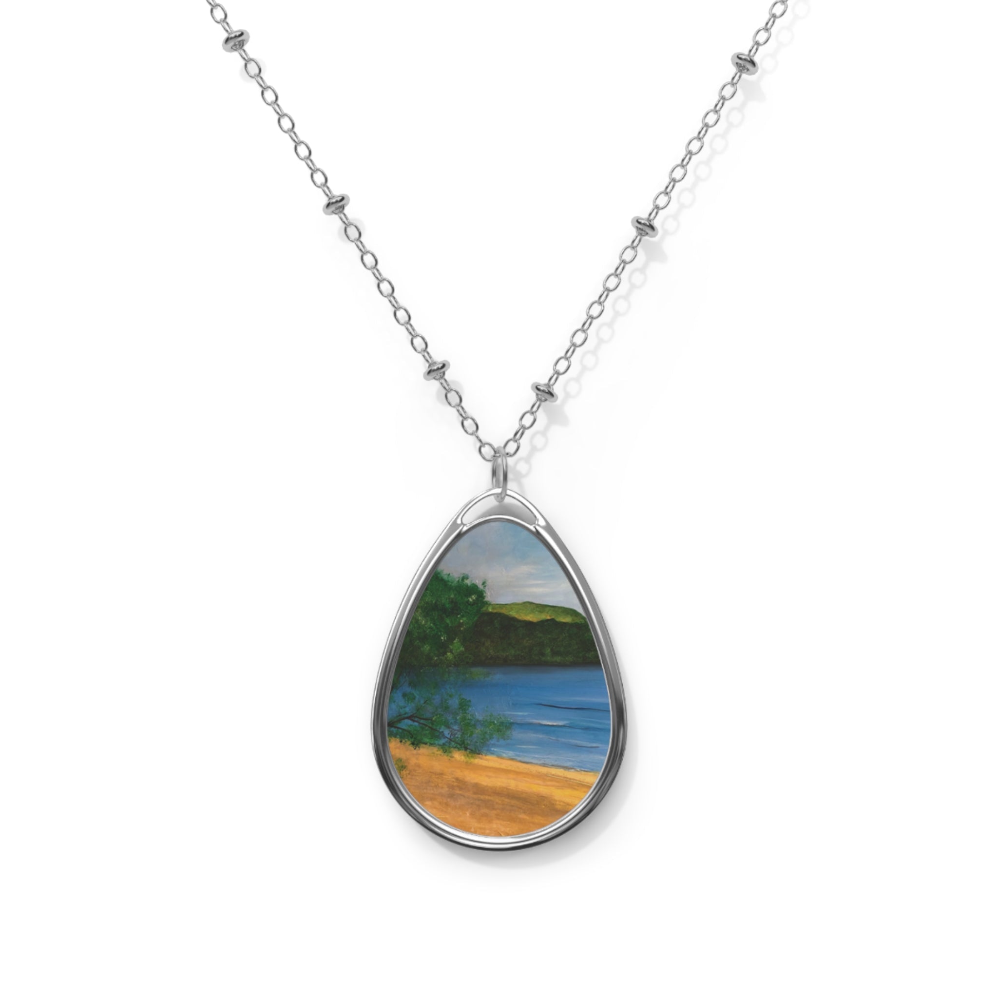 Silver teardrop Loch Rannoch pendant necklace with hand-painted Scottish landscape
