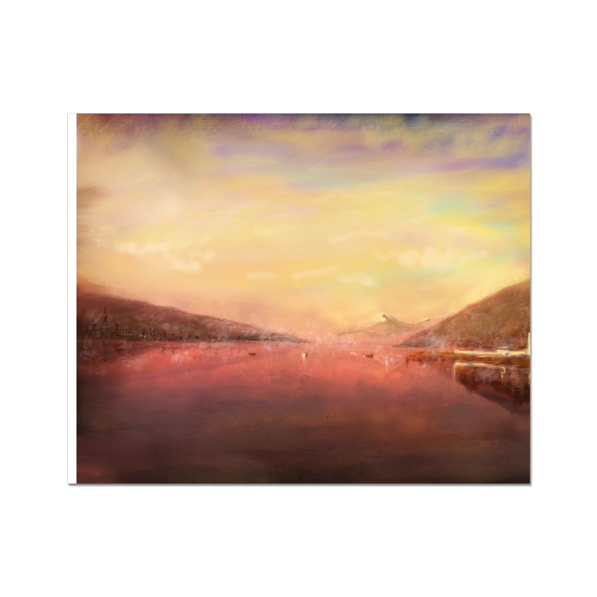Pink and yellow abstract Loch Tay lake with mountains print