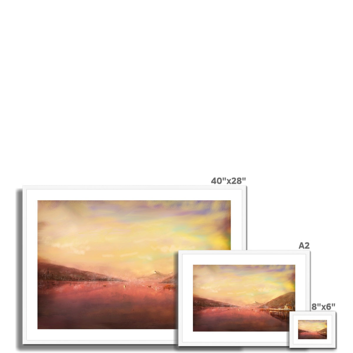 40x28 inch framed Loch Tay abstract landscape print in warm orange, yellow, pink hues