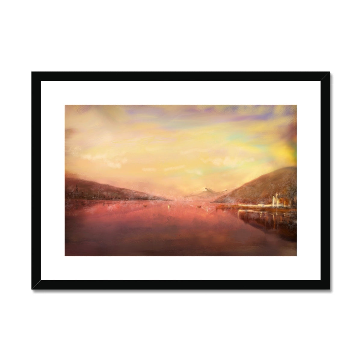 Black framed Loch Tay serene lake and mountain canvas print