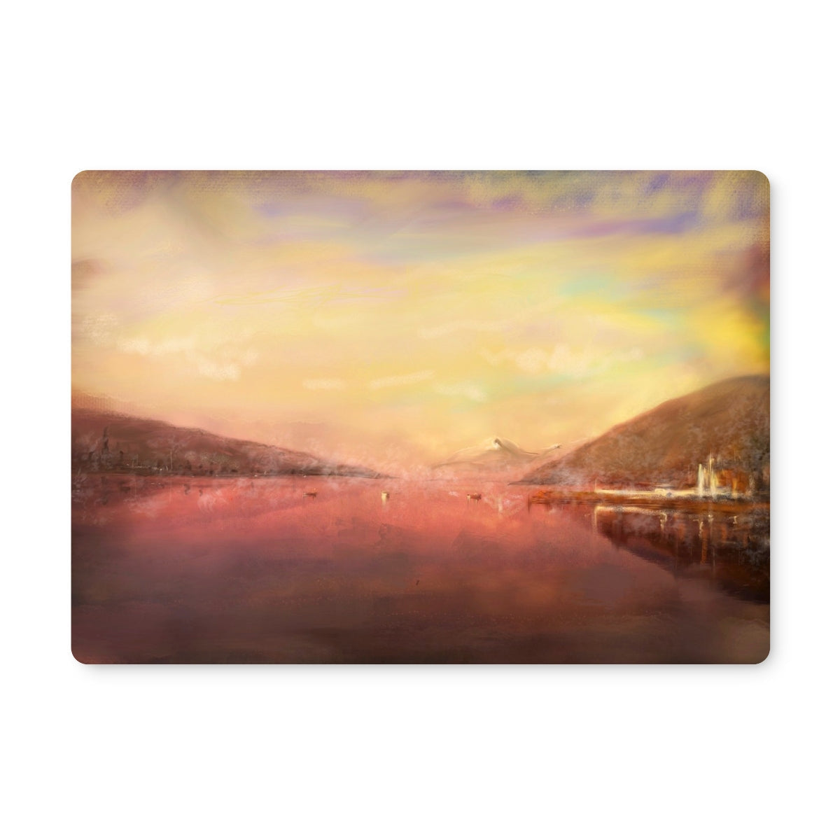 Watercolor Loch Tay placemat with serene lake and mountains