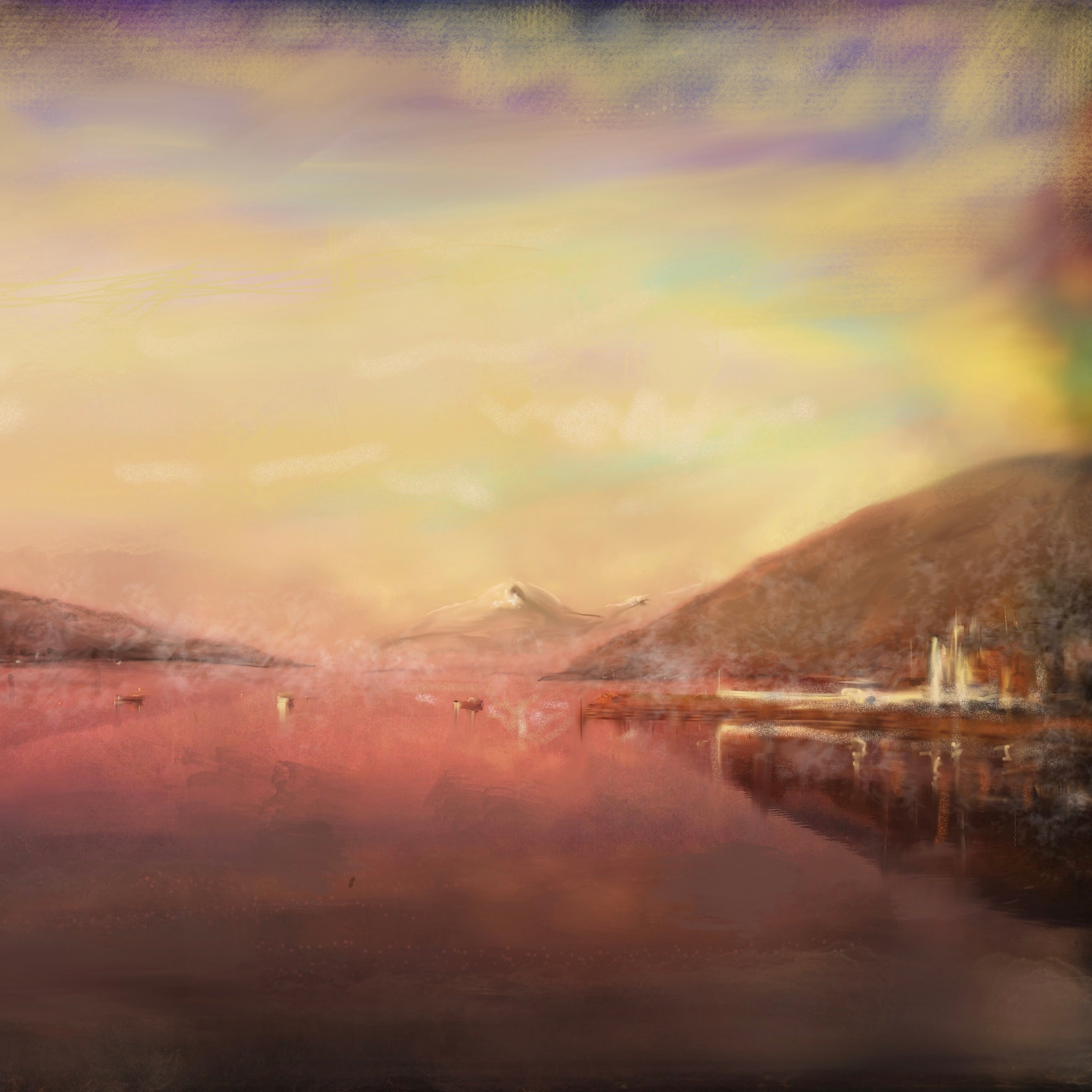 Impressionistic landscape painting of Loch Tay Scotland at sunset with mountains