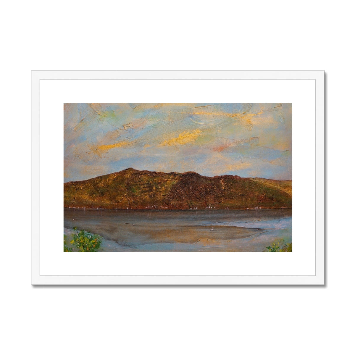 Lochgoilhead white-framed landscape print of mountains and sky in earthy tones