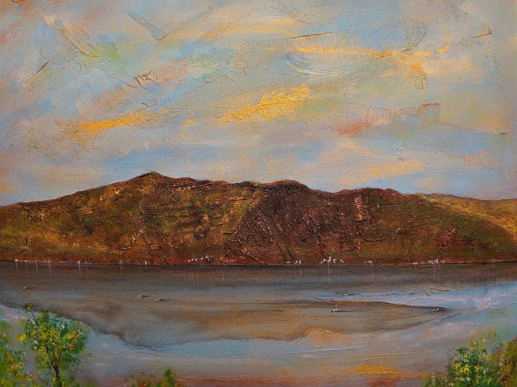 Lochgoilhead Original Painting oil landscape of mountains and water under colorful sky