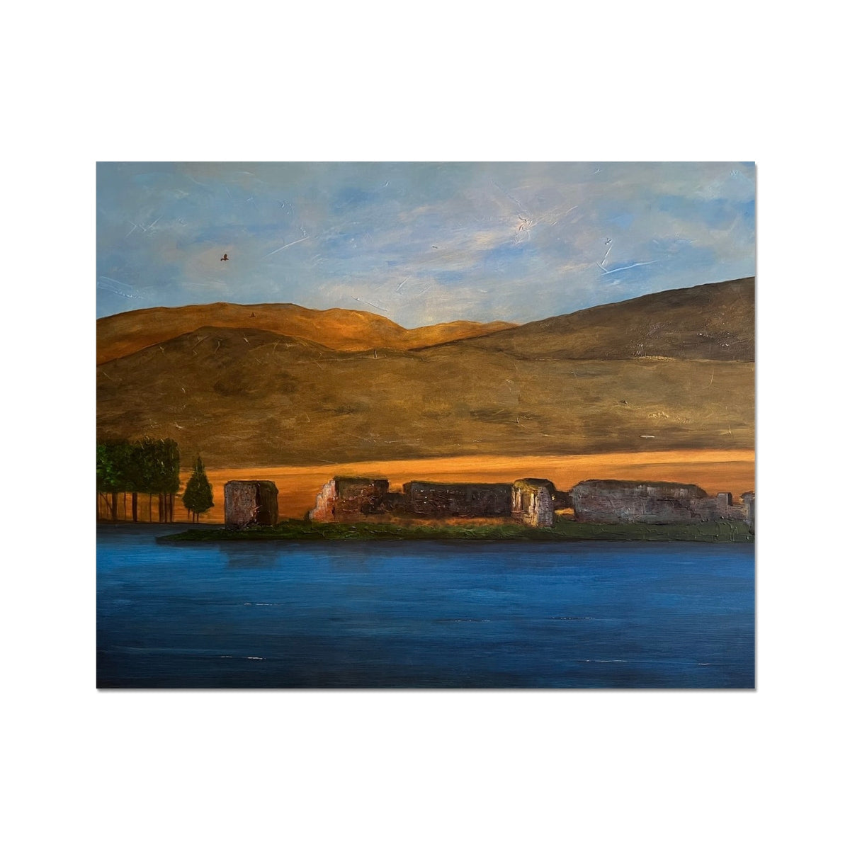 Expressive landscape painting of Lochindorb Castle ruins and mountains under a blue sky
