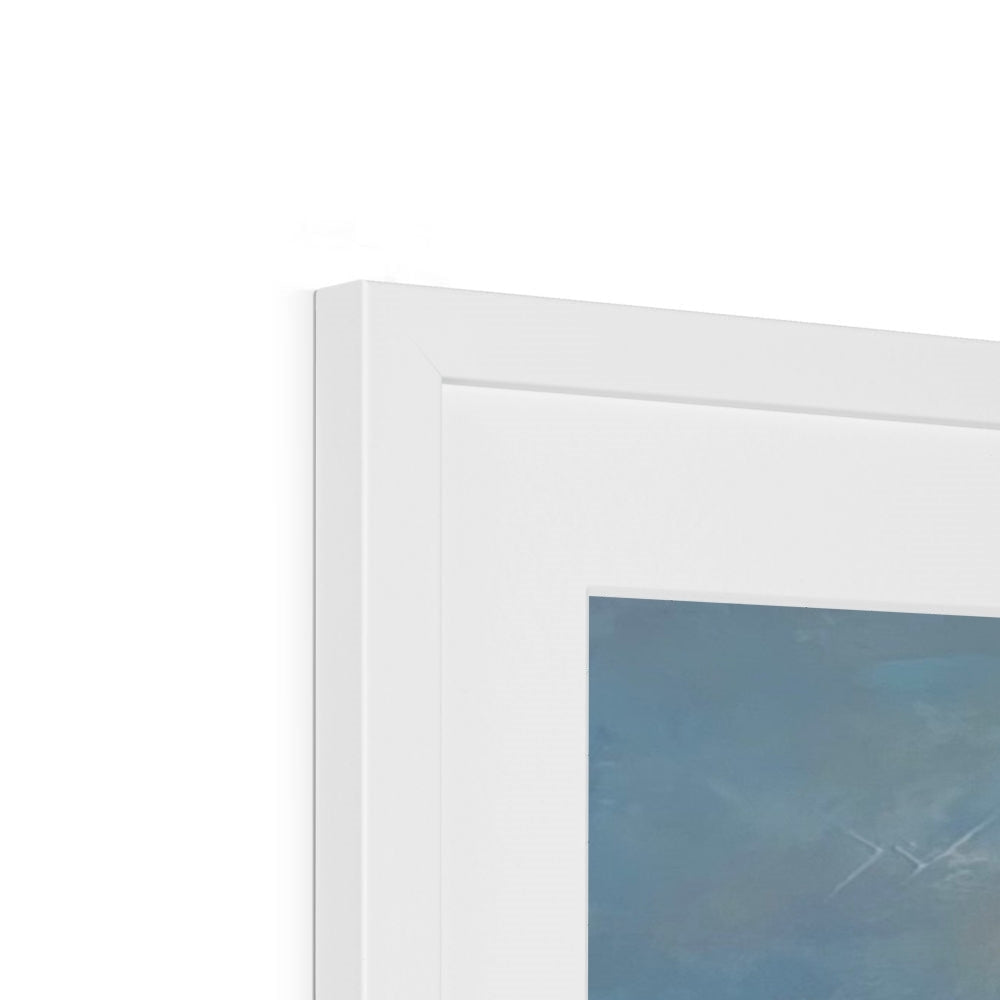 White framed artwork with a blue-toned image of Lochindorb Castle print