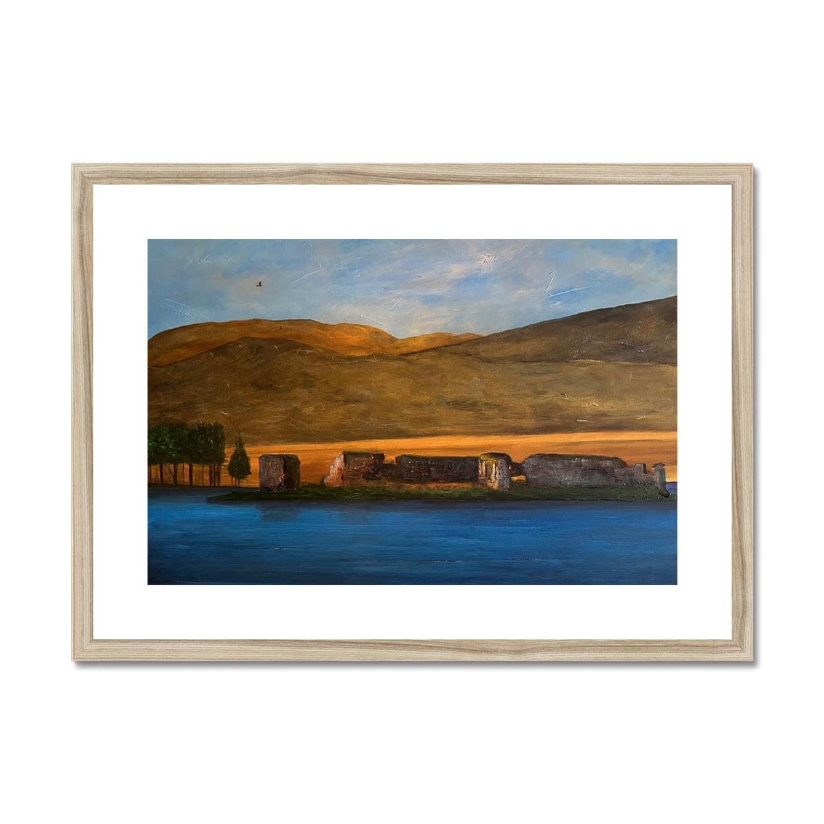 Lochindorb Castle framed landscape print featuring hills, water, and structures at sunset
