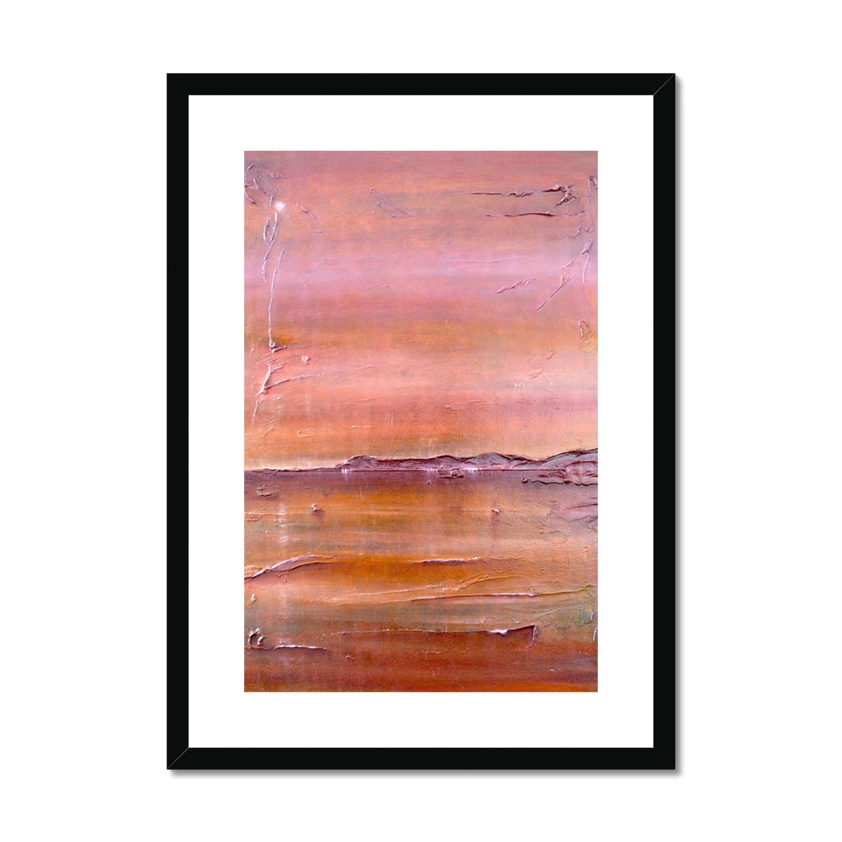 Black framed abstract Lochmaddy North Uist art print in pink orange hues