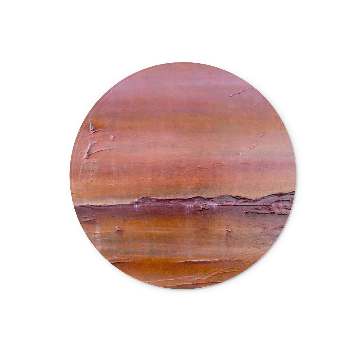 Round copper coaster with abstract Lochmaddy landscape in earth tones
