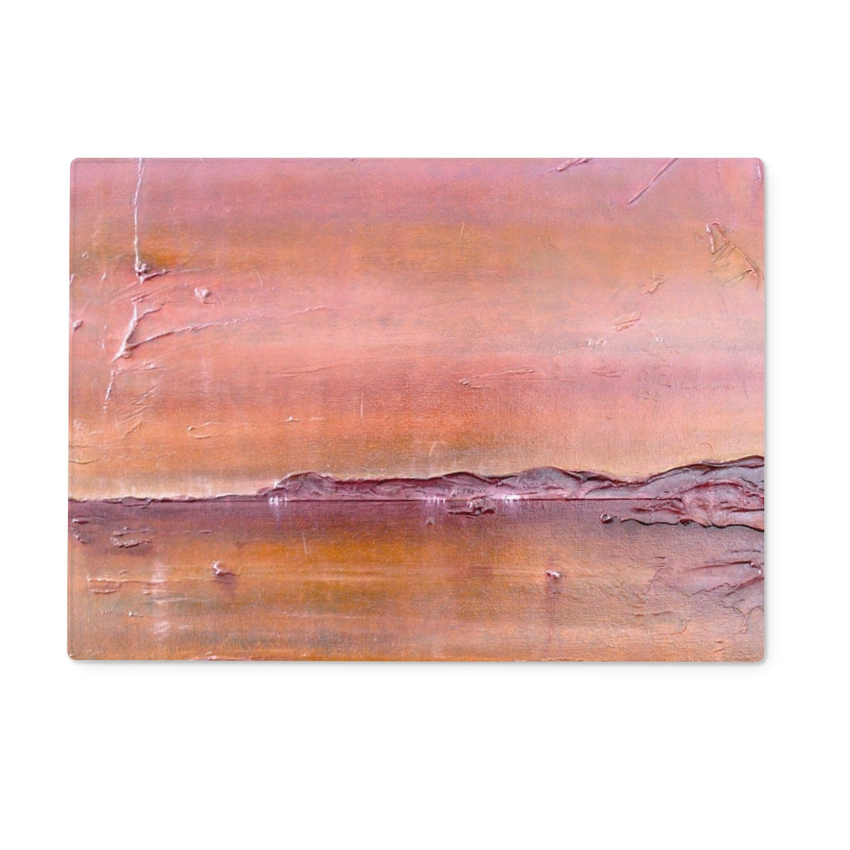 Pink orange abstract textured painting on Lochmaddy North Uist glass chopping board