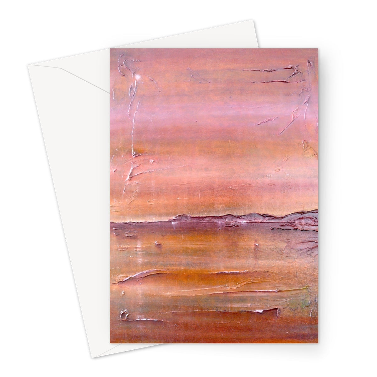 Rose gold abstract art Lochmaddy North Uist greeting card with textured brushstrokes and white envelope