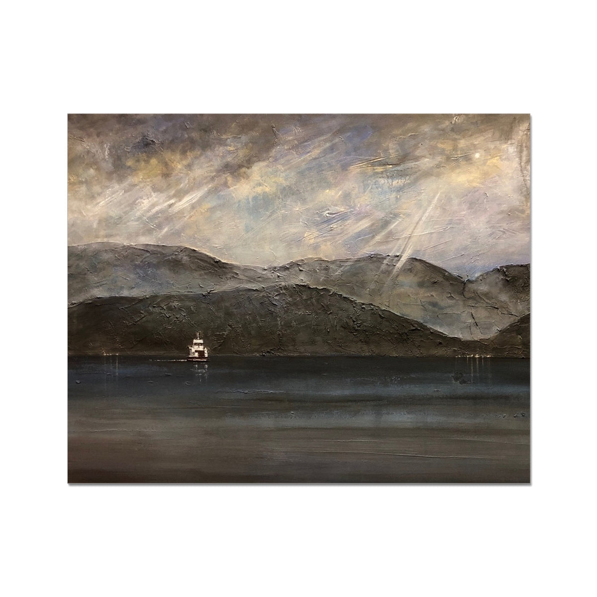 Modern abstract Lochranza moonlit ferry ship on water artist proof print