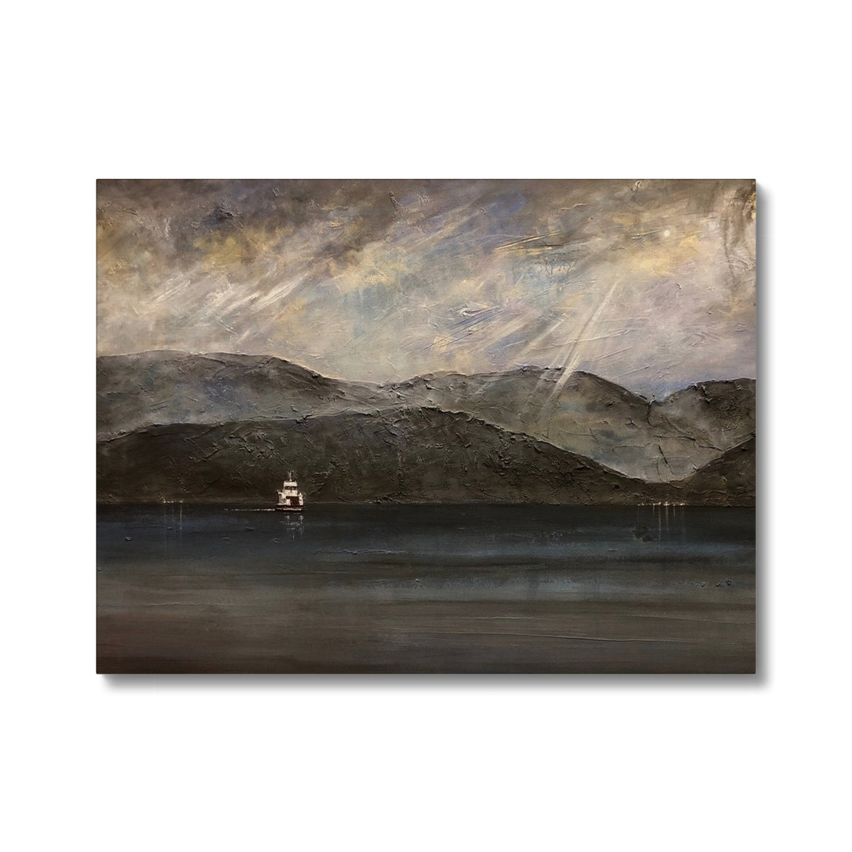 Black and white abstract Lochranza moonlit ferry canvas print