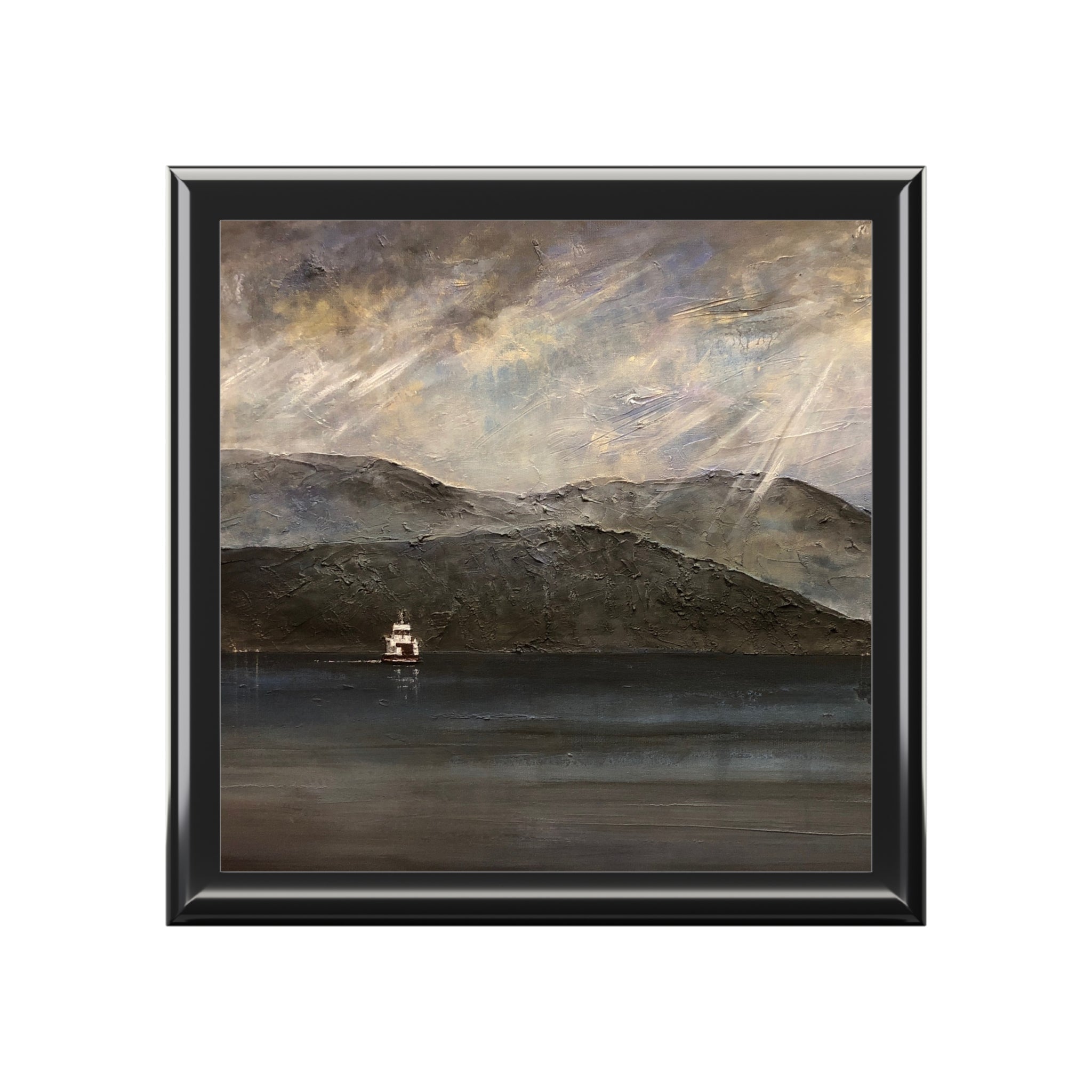Lochranza Moonlit Ferry moody landscape painting in black frame, jewelry box