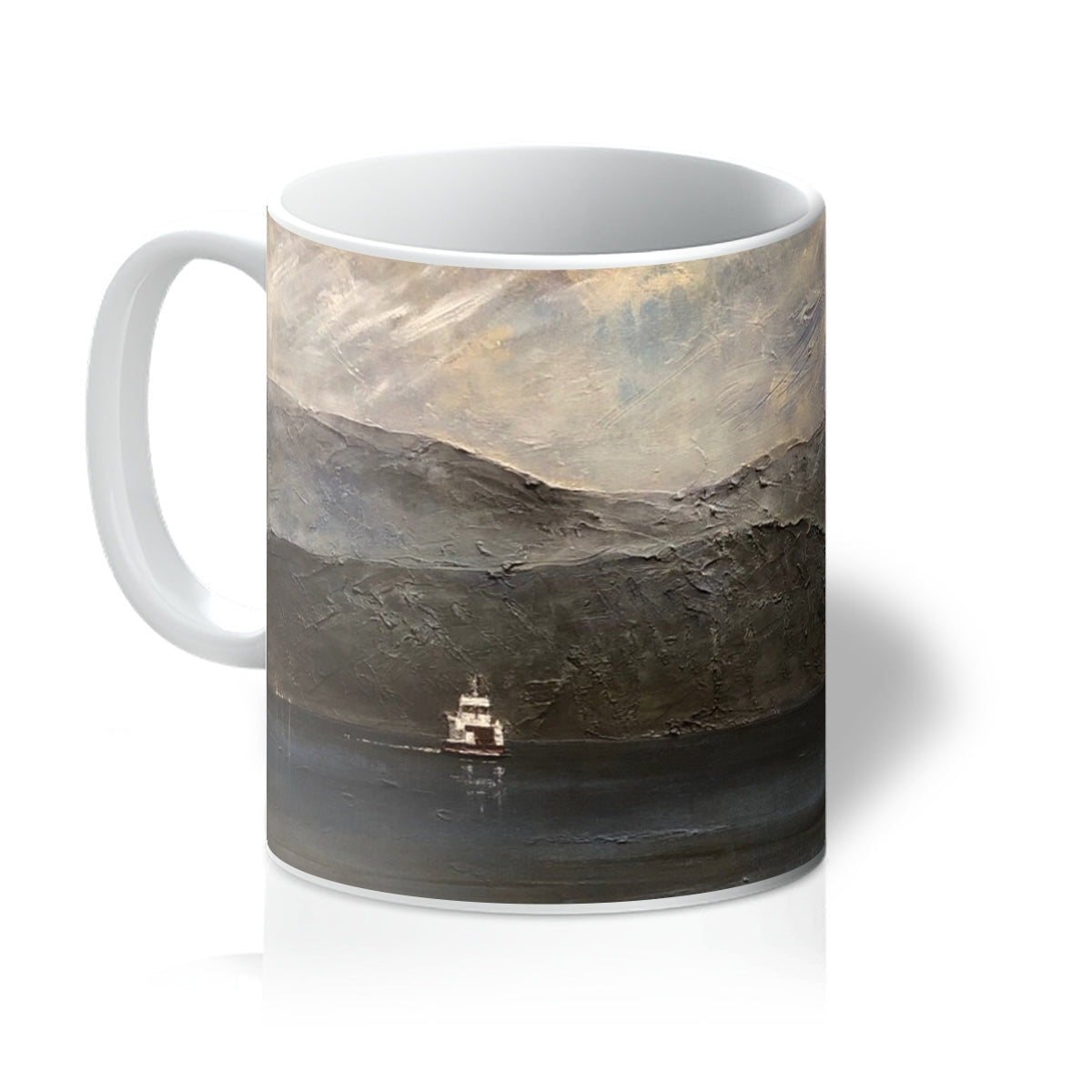 Lochranza Moonlit Ferry ceramic mug with mountain and cloud landscape