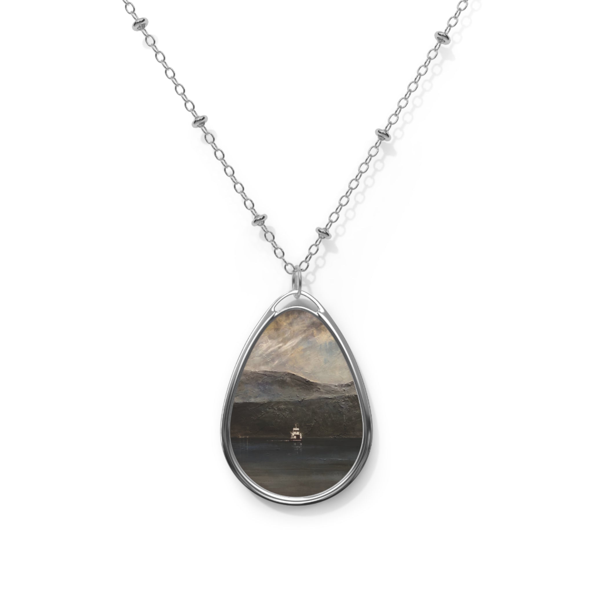 Silver teardrop pendant necklace with Lochranza moonlit ferry scene in glass