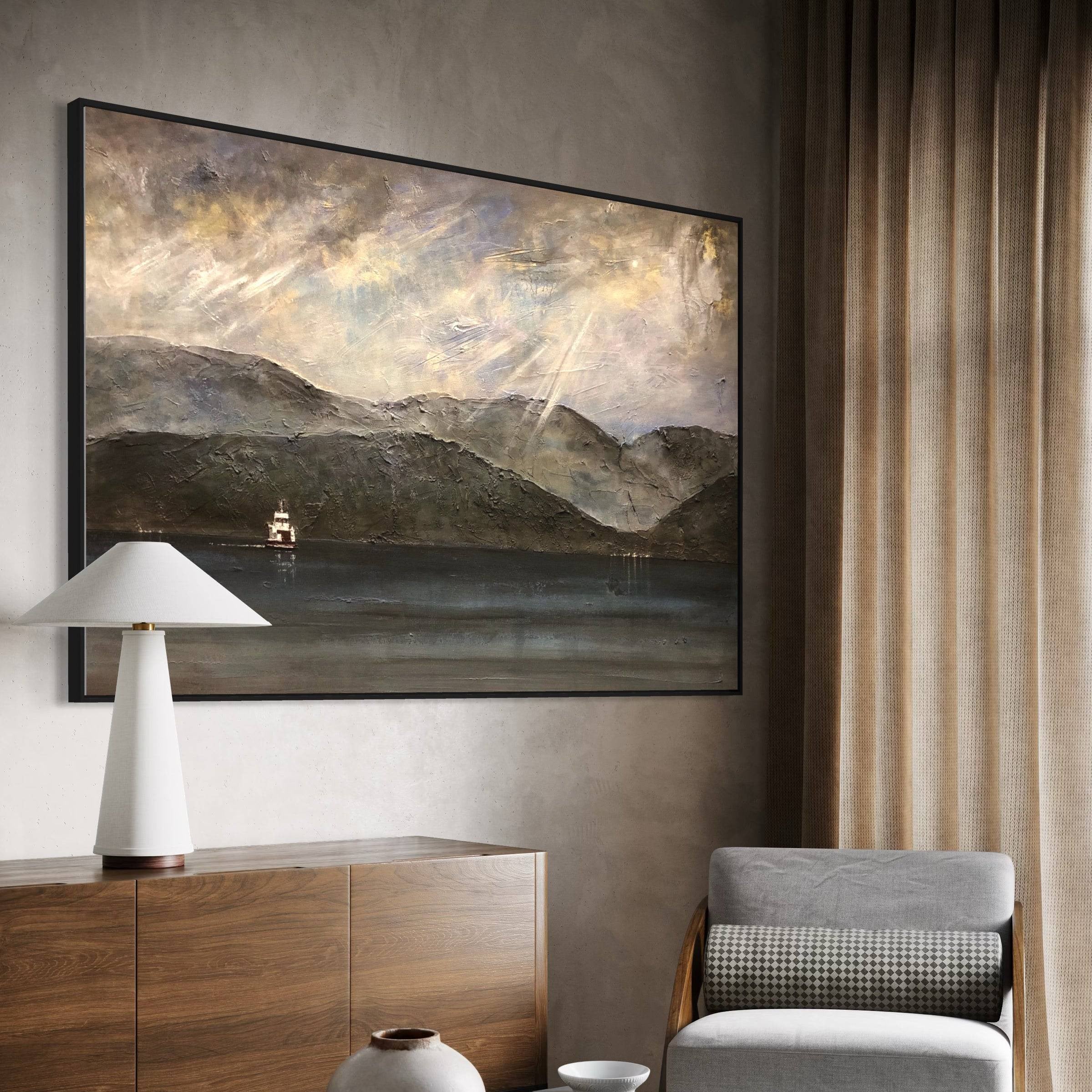 Textured landscape painting of mountains, water, boat, and dramatic sky for Lochranza Moonlit Ferry wall art