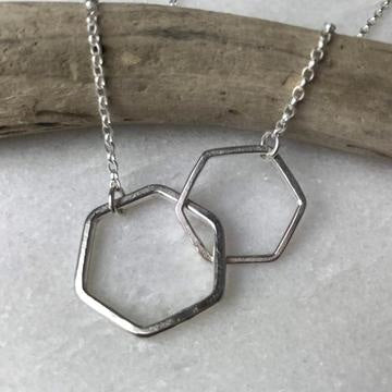 Silver hexagon pendant on delicate chain, Long Honeycomb Necklace by Lindsay Mcdowall Jewellery