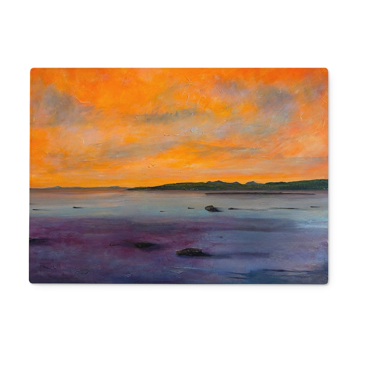 Orange sunset beach scene wall art print on Largs chopping board