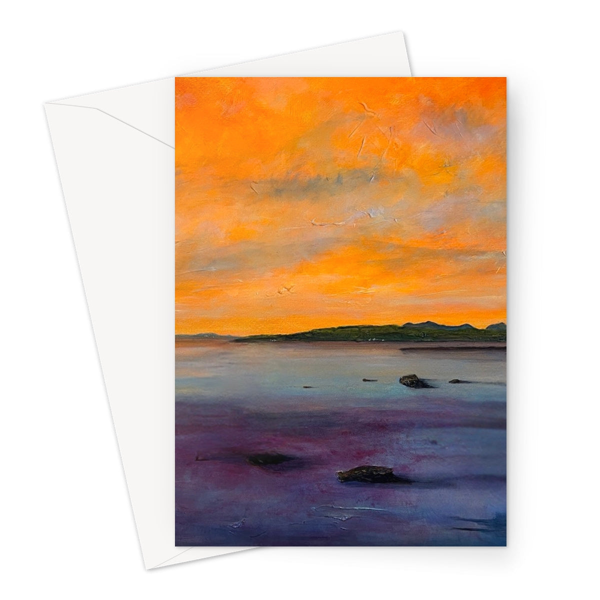Orange sunset beach scene greeting card with textured surface and envelope