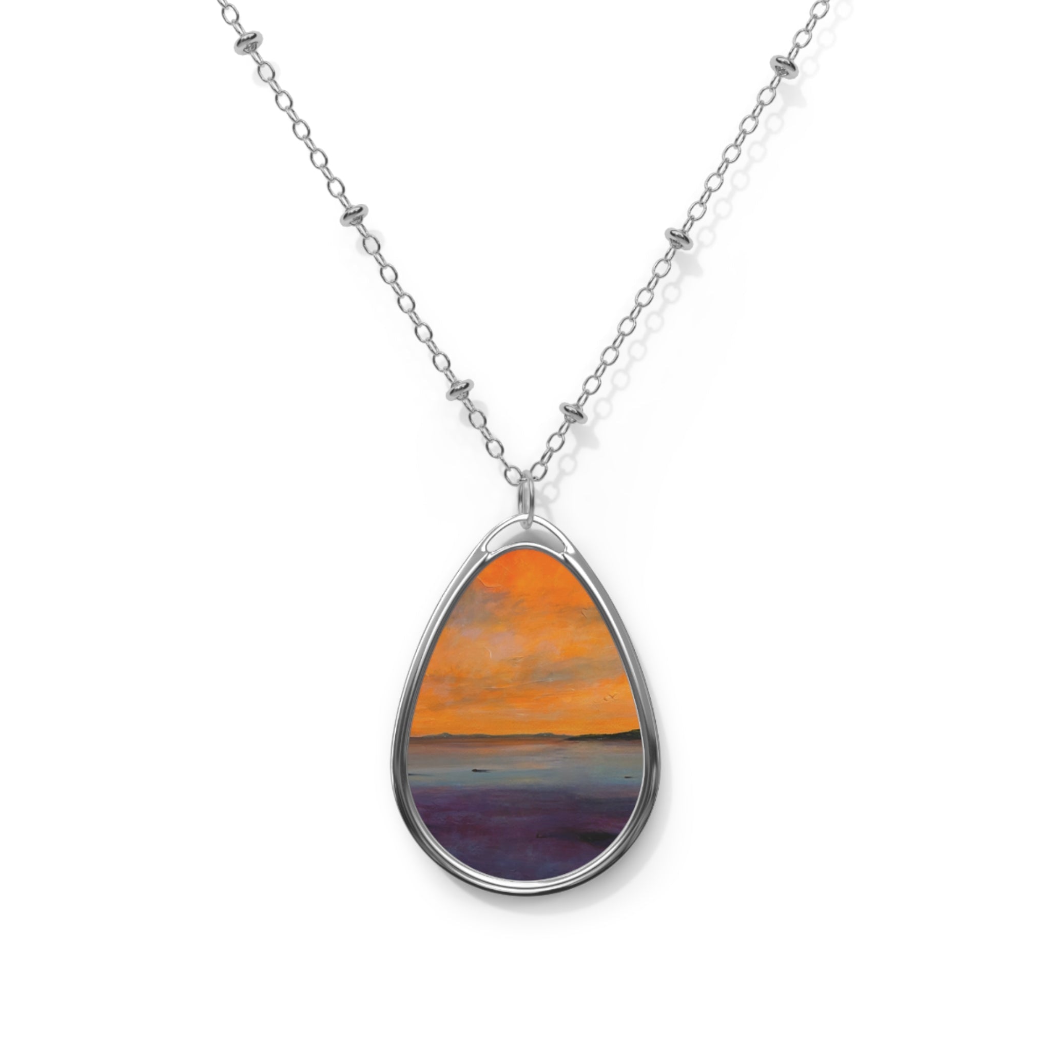Silver teardrop pendant necklace with Looking From Largs sunset scene