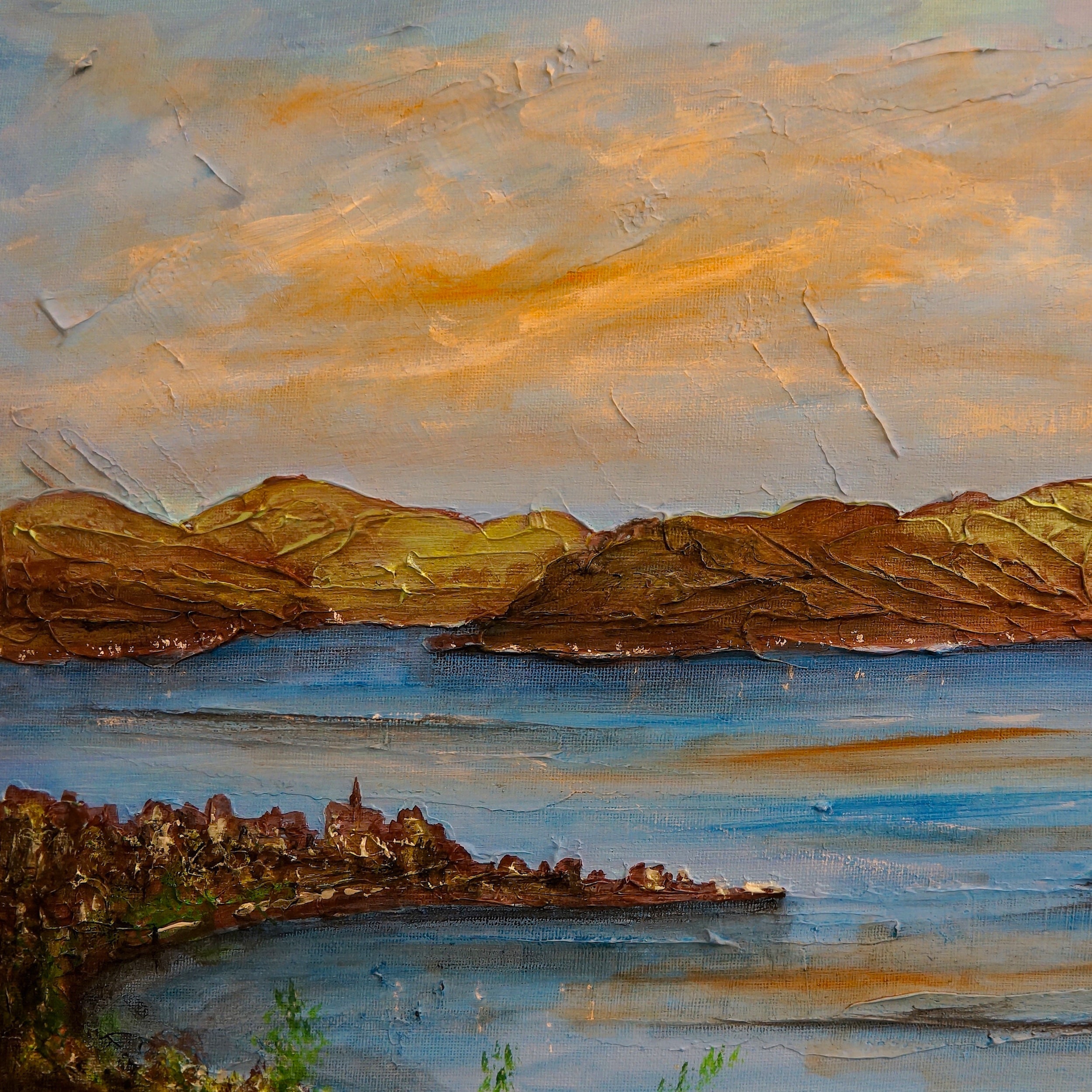 Textured oil painting of a Scottish coastal landscape with mountains, water, and a small town