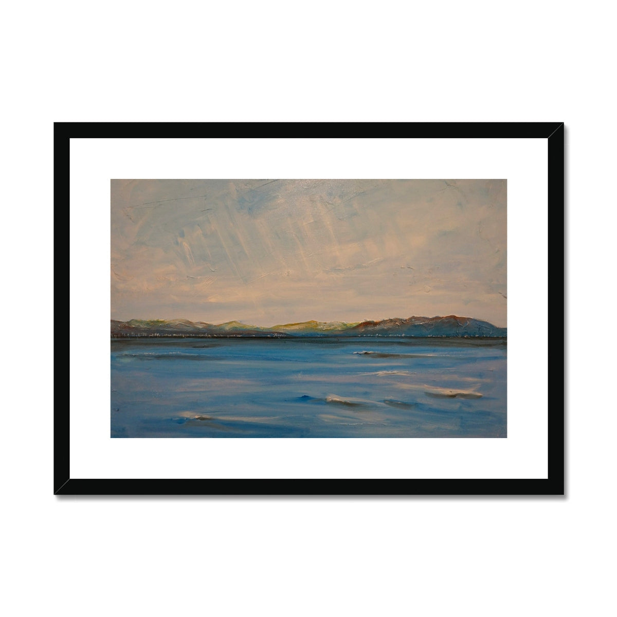 Black framed canvas print of ocean waves and distant land from Skelmorlie