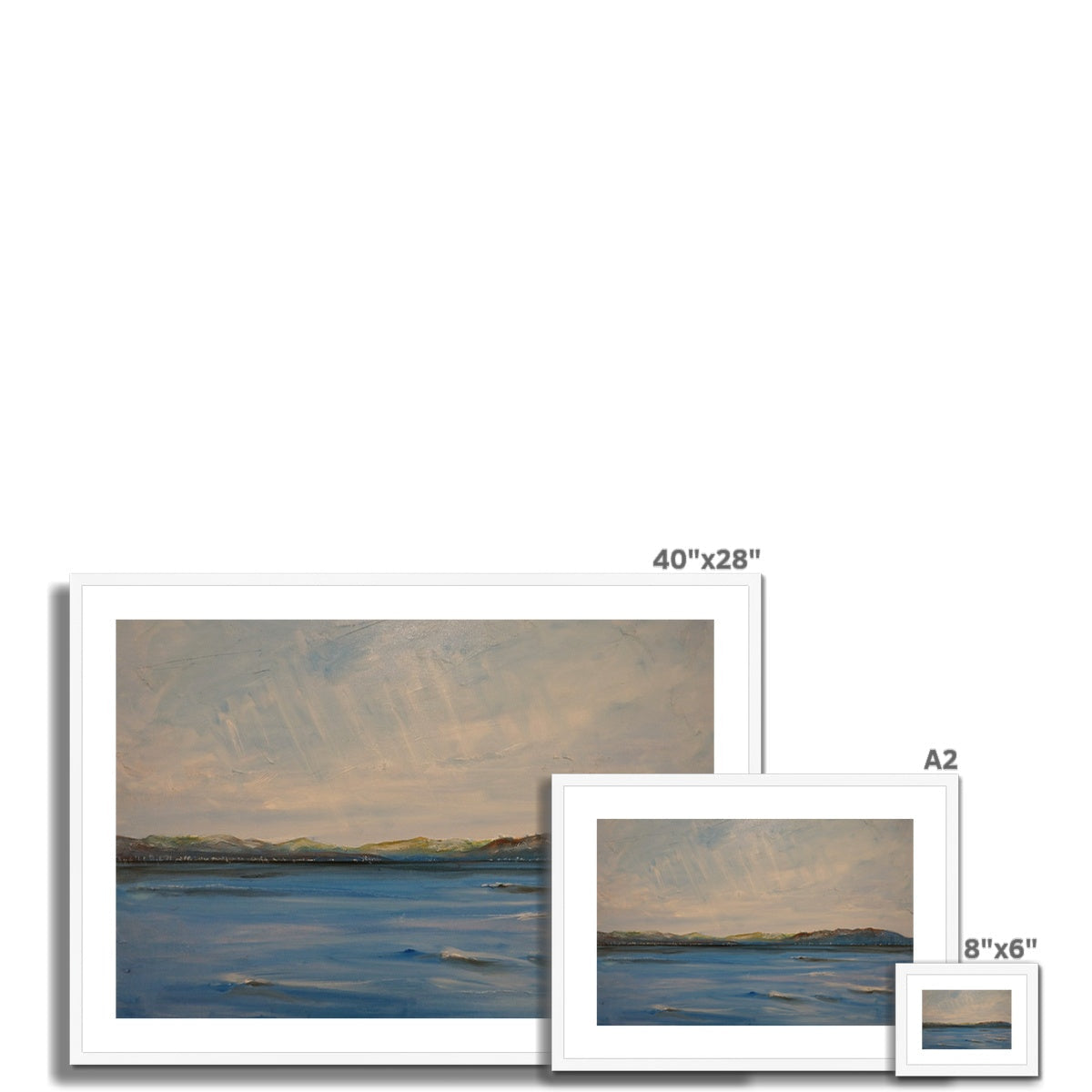40x28 inch framed landscape painting in white frame with blue watercolor background