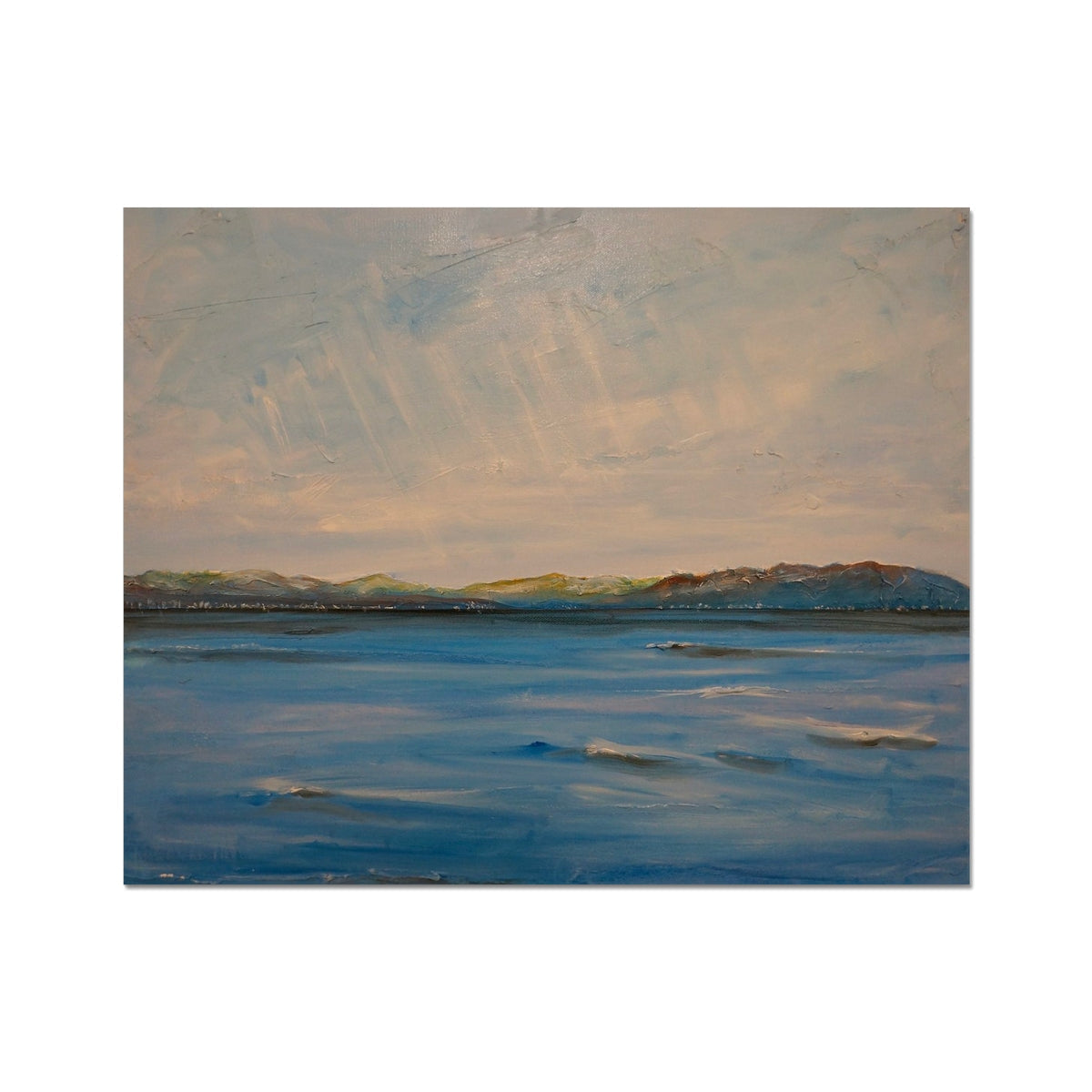 Blue Ocean Wave Canvas Art Print with Clouds and Mountains