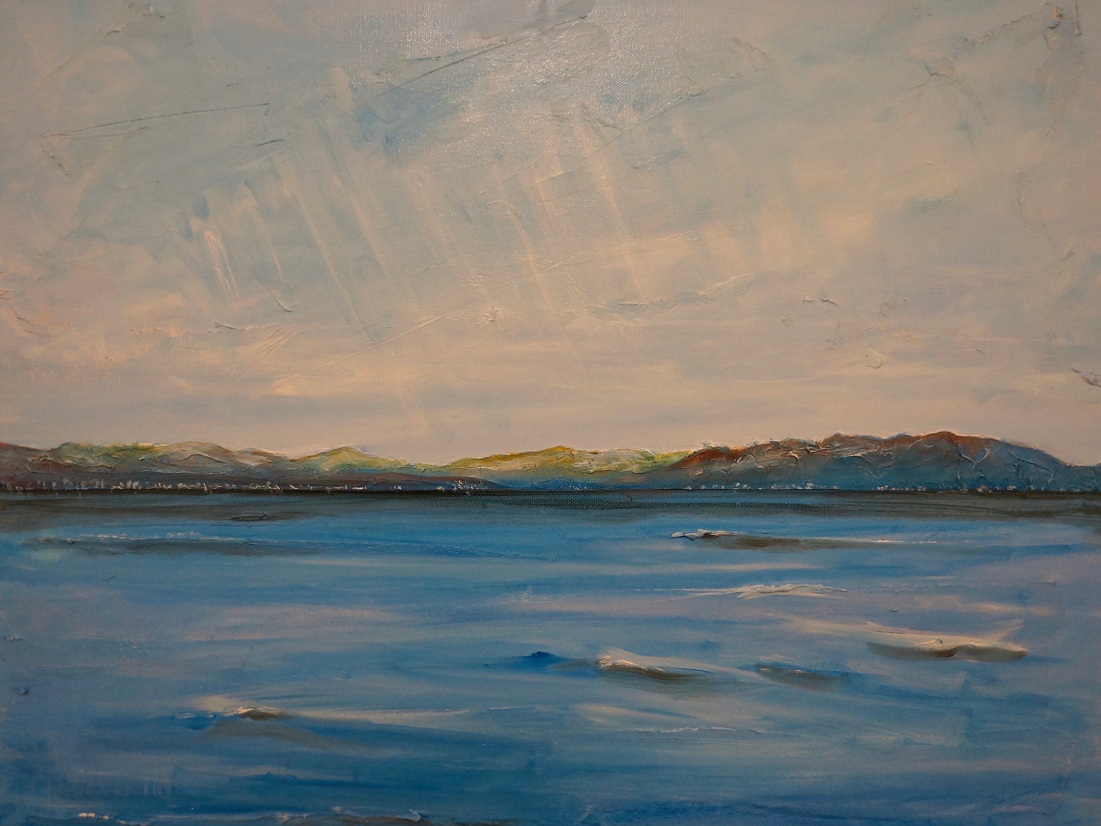 Oil painting of a vast seascape with distant mountains under a cloudy sky in Looking From Skelmorlie artwork
