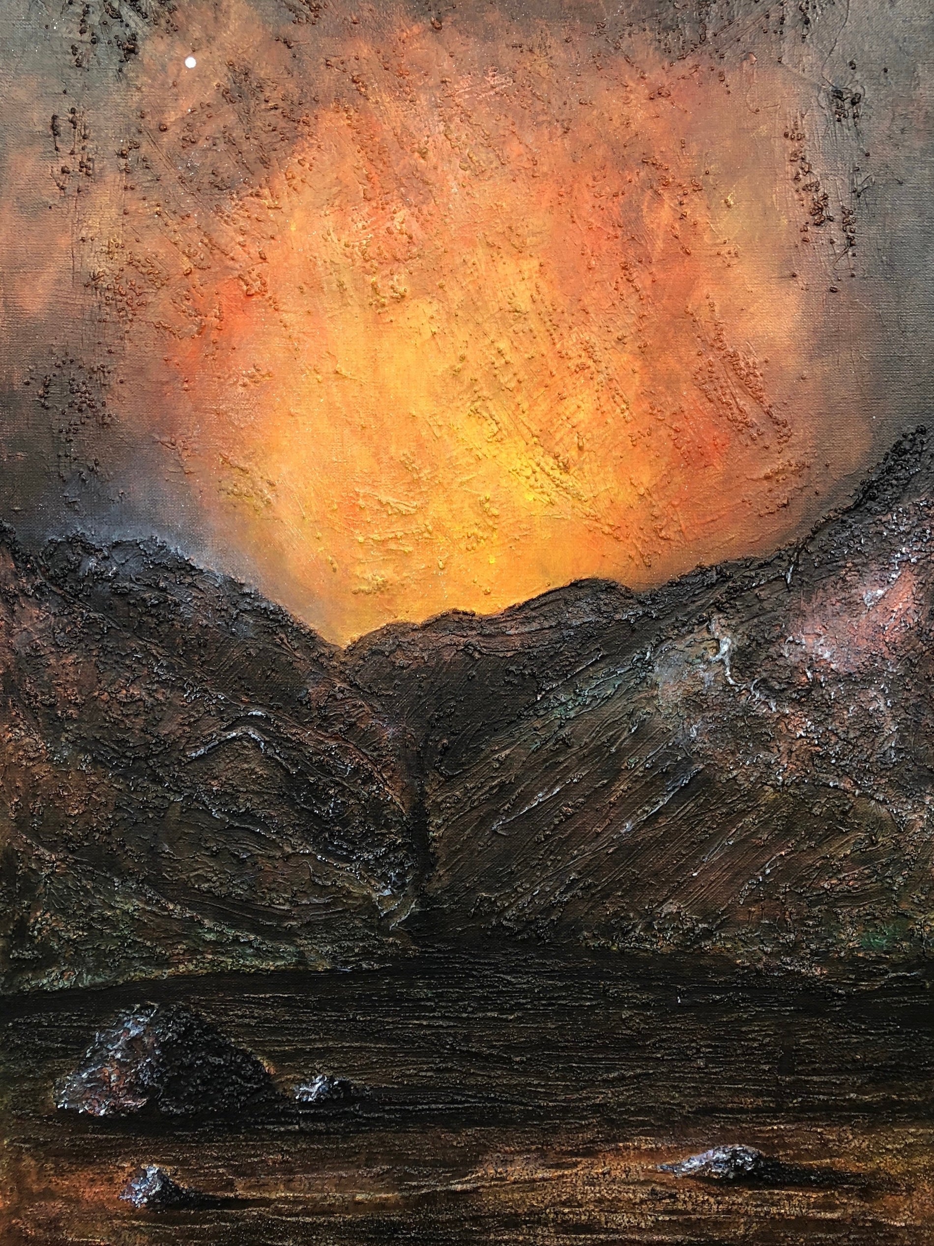 Textured fiery sky over rugged mountains in Lost Valley Moonlight Simon Reeve painting
