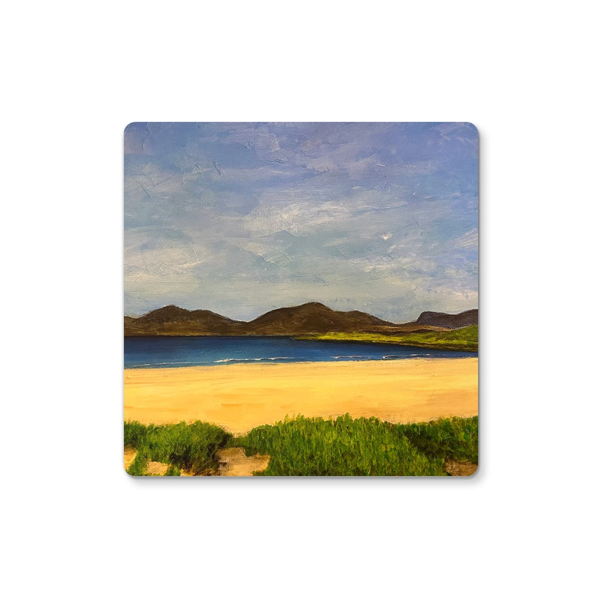Luskentyre Beach Harris coaster with sandy path, grassy foreground, blue sky, brown hills