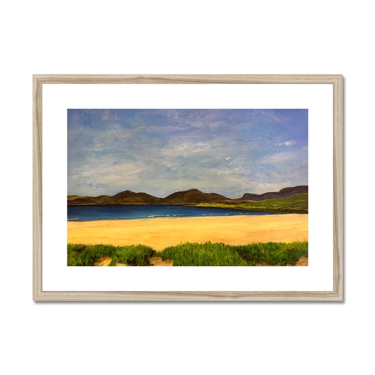 Luskentyre Beach Harris wooden framed art print of sandy shore and blue sky