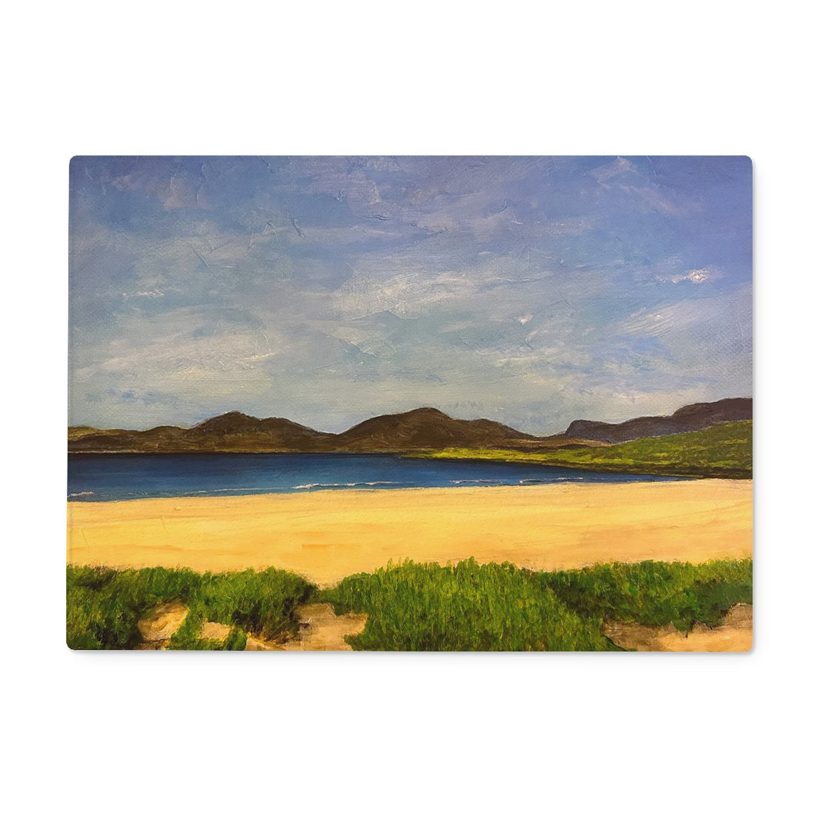 Luskentyre Beach Harris glass chopping board with sandy shore and blue water scene
